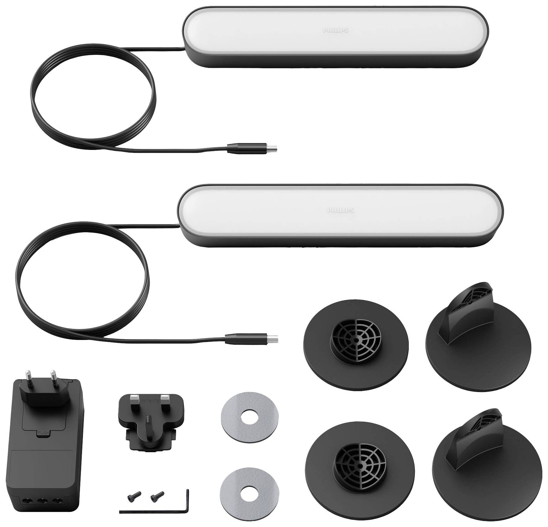 Zwei längliche LED-Leuchten mit Kabel, Netzadapter, Steckeraufsätze, Schrauben und Halterungen zur Montage; Zubehör für Lichtinstallation.
