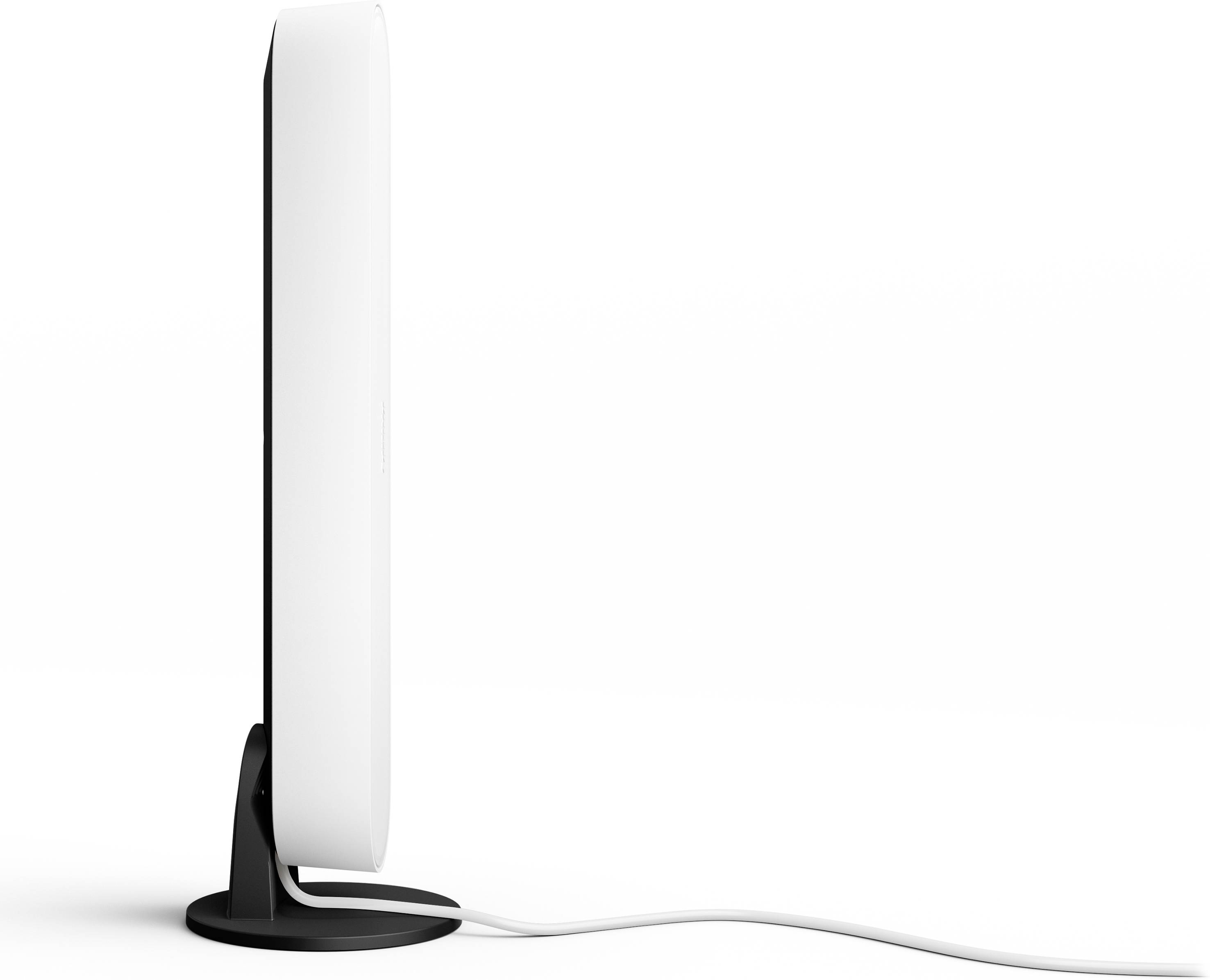 Seitenansicht eines modernen, dünnen Monitors auf einem schwarzen Ständer. Ein Kabel ist an der hinteren Seite angeschlossen.
