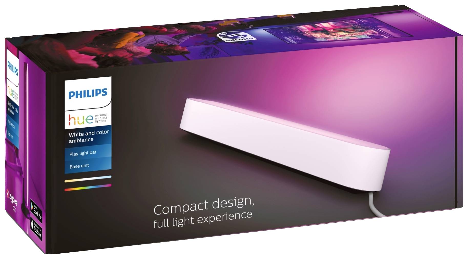 Philips Hue Play Lightbar Verpackung; zeigt LED Lampe für Ambiente-Beleuchtung. Text: 'Kompaktes Design, volles Lichterlebnis'.