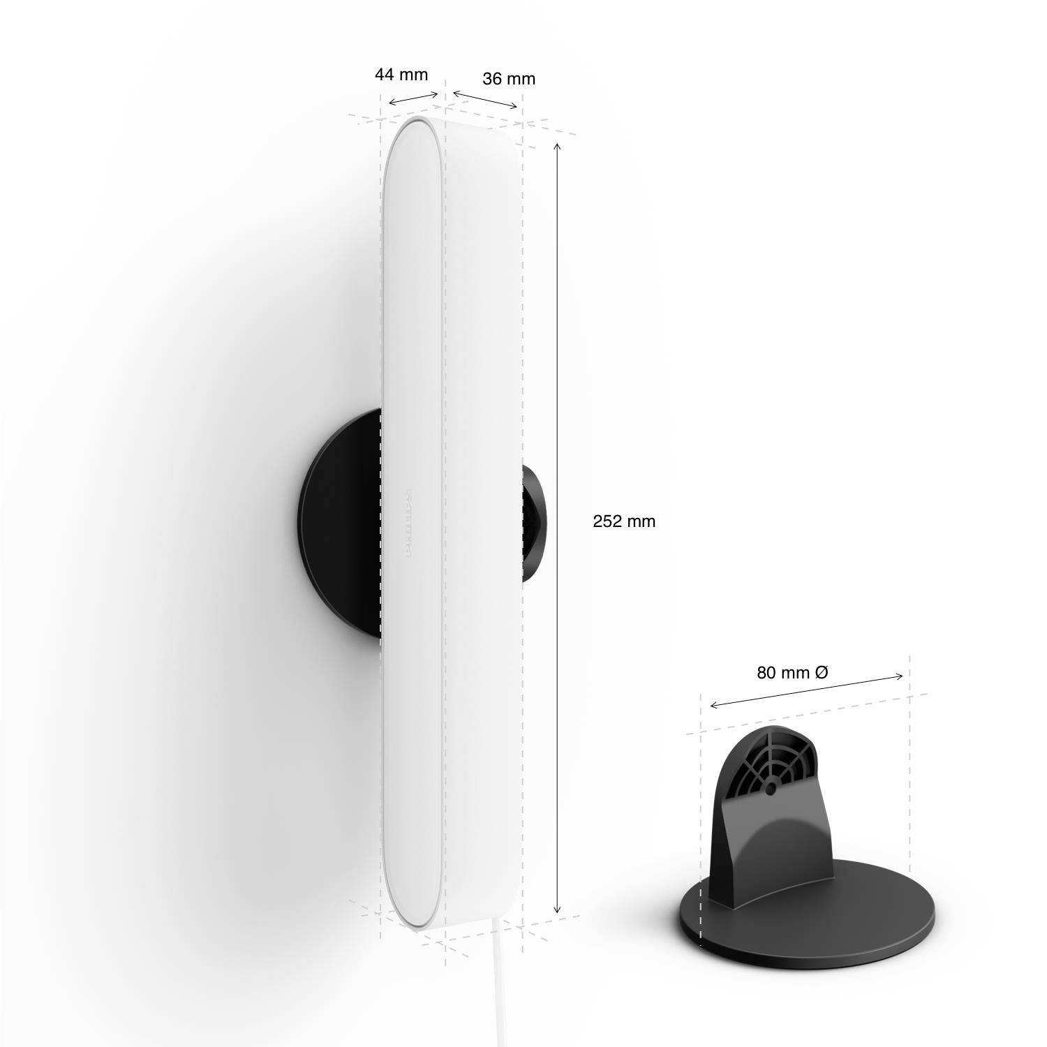 'Philips Hue Bloom' Lichtquelle, vertikal an Wand montiert, zeigt Dimensionen: Höhe 252 mm, Breite 36 mm, Tiefe 44 mm. Sockeldurchmesser 80 mm.