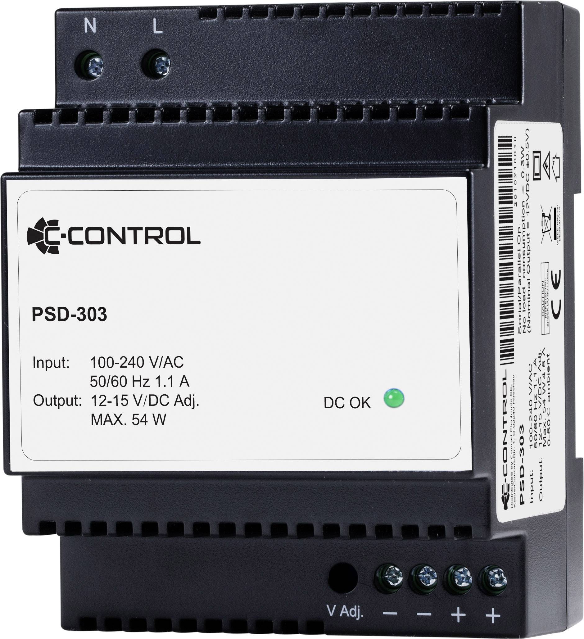 C-Control PSD-303 Hutschienen-Netzteil (DIN-Rail) Verbrauch (StandBy) 0.3W 12 V/DC 4.5A 54W Anzahl Ausgänge:1 x Inhalt