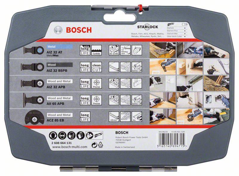 Bosch Starlock Multitool-Zubehör-Set mit verschiedenen Sägeblättern für Metall, Holz und Kunststoff, Anwendungshinweise inklusive.