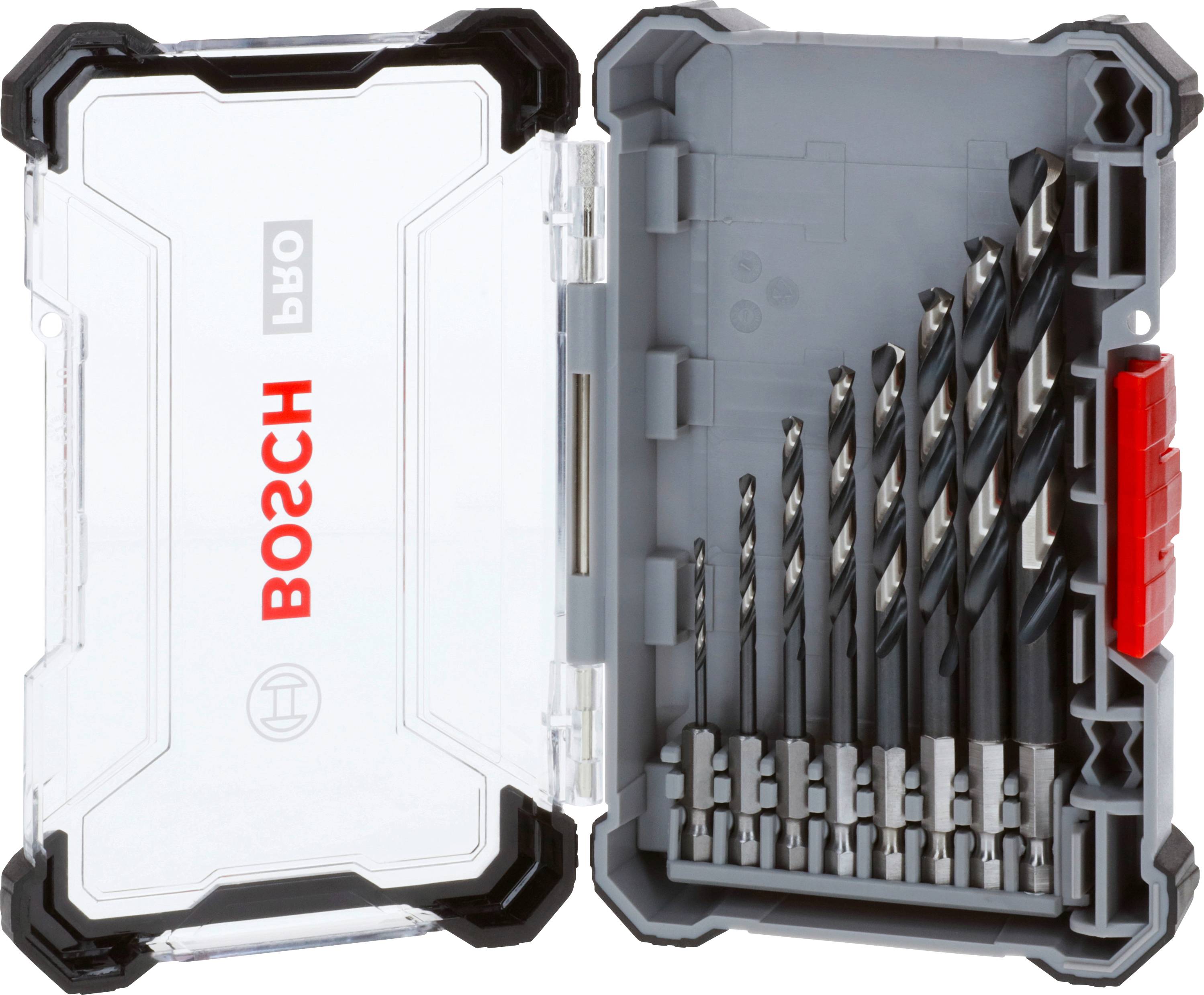 Ein offenes Bosch-Bohrersatz-Set in einer transparenten Kunststoffbox mit mehreren Bohrern unterschiedlicher Größe geordnet nebeneinander.