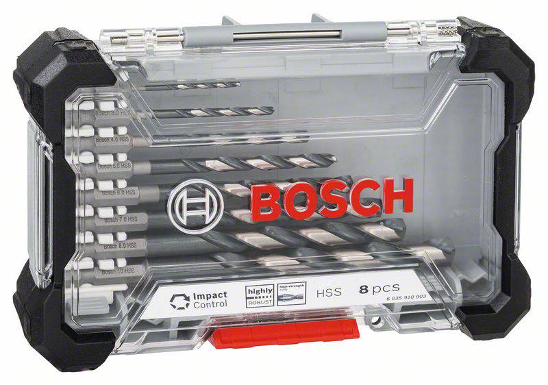 Ein Bohrer-Set von Bosch in einer transparenten Kunststoffbox mit schwarzem Rand. Enthält 8 Stück HSS-Bohrer für unterschiedliche Größen.
