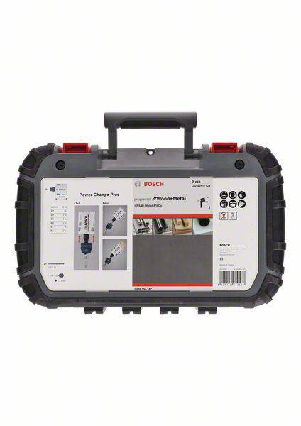 Kunststoffkoffer mit Bosch-Logo, enthält 'Power Change Plus' Zubehör für Bohr- und Sägearbeiten in Holz und Metall. Enthält 9 Teile.