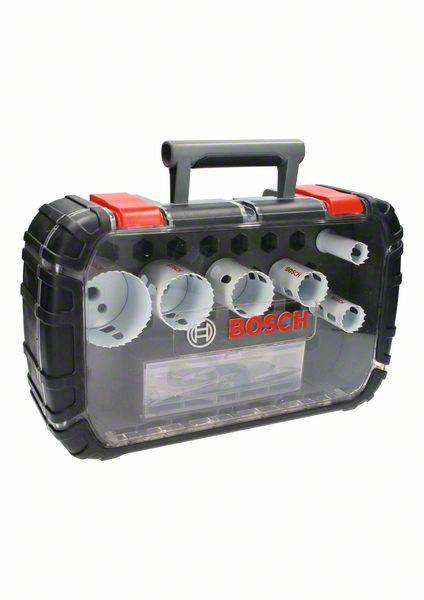 Bosch Lochsägen-Set mit verschiedenen Größen in einer transparenten, tragbaren Kunststoffbox mit Griff.