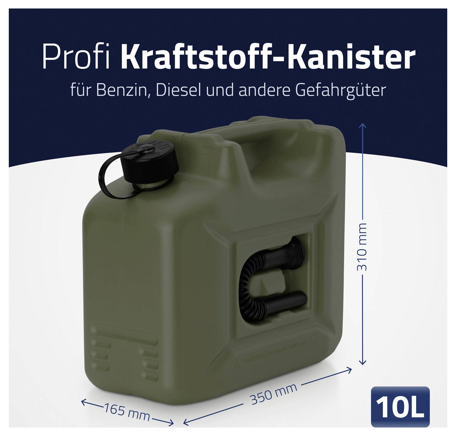 Profi Kraftstoff-Kanister, 10L, für Benzin, Diesel und andere Gefahrgüter. Maße: 165mm x 350mm x 310mm.