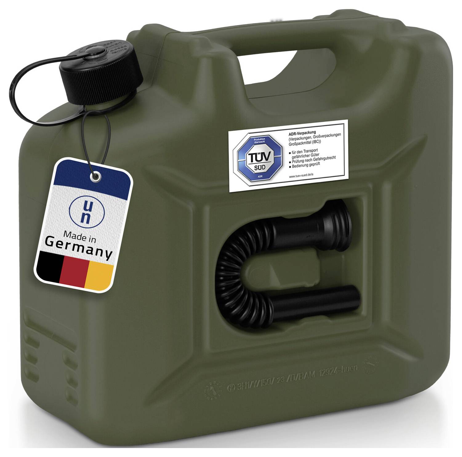 Ein grüner Benzinkanister mit einem Aufkleber 'Made in Germany' und TÜV-Logo. Ein schwarzer Ausgießer liegt an der Seite.