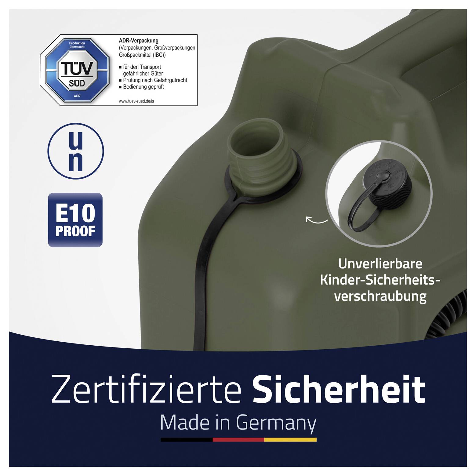 Eine graue Benzinkanister-Abbildung mit 'Zertifizierte Sicherheit Made in Germany', TÜV-Siegel, E10-Proof und Kindersicherheitsverschluss.