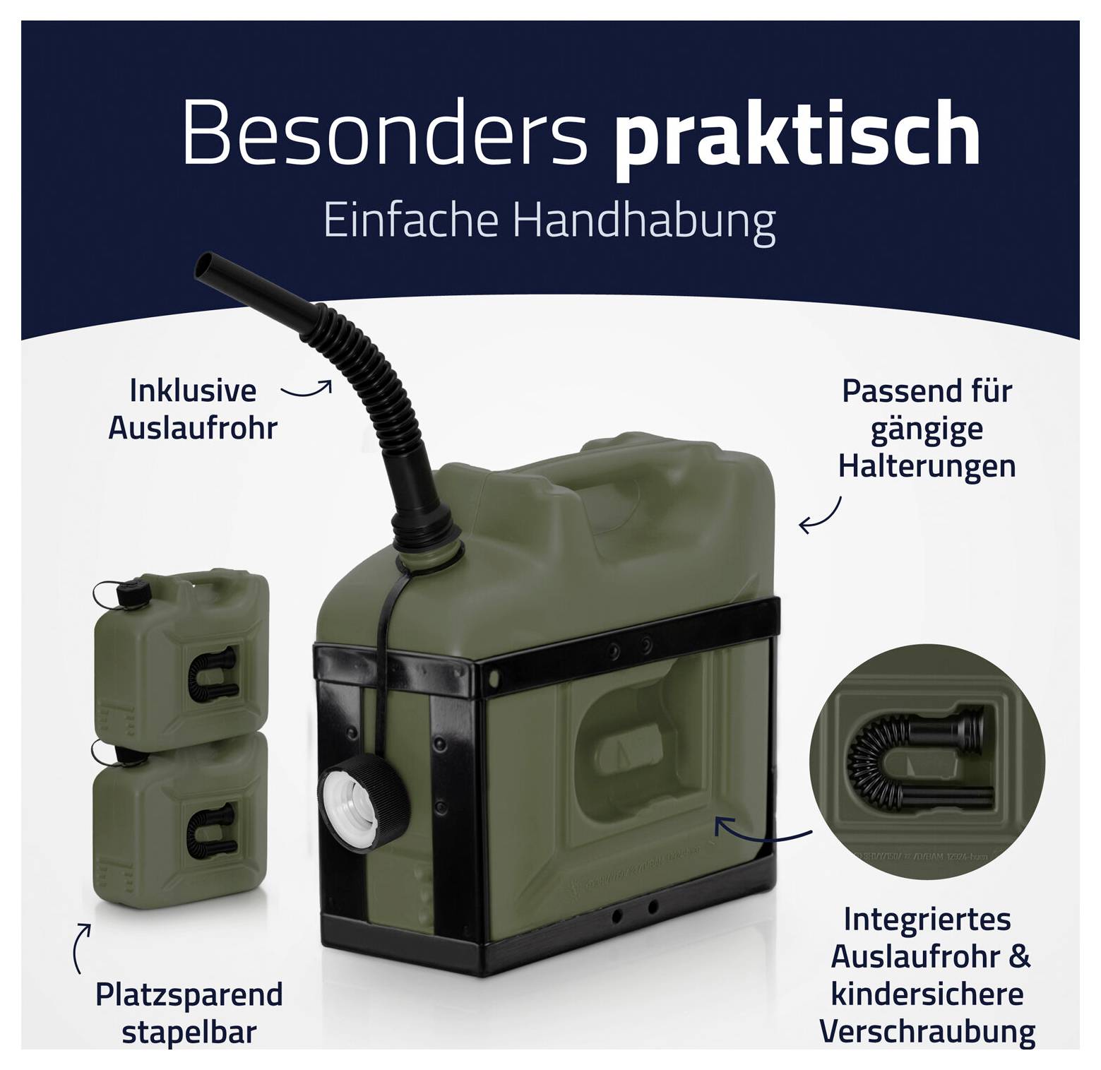 Ein grüner Kanister mit Auslaufrohr und kindersicherer Verschraubung, platzsparend stapelbar, passend für gängige Halterungen.