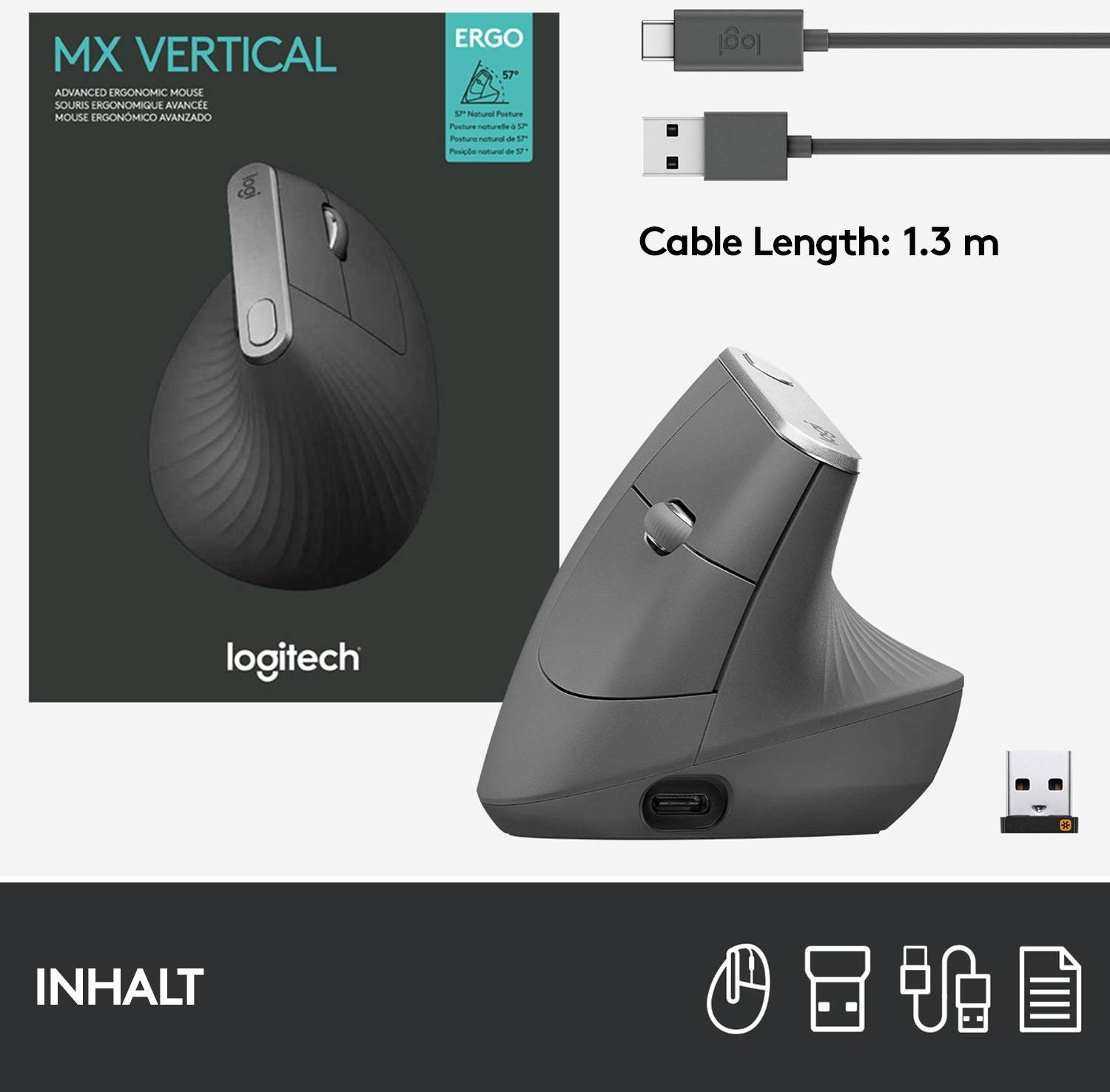 Logitech MX Vertical Ergonomische Maus Bluetooth®, Funk Optisch Schwarz, Silber 4 Tasten 4000 dpi Ergonomisch