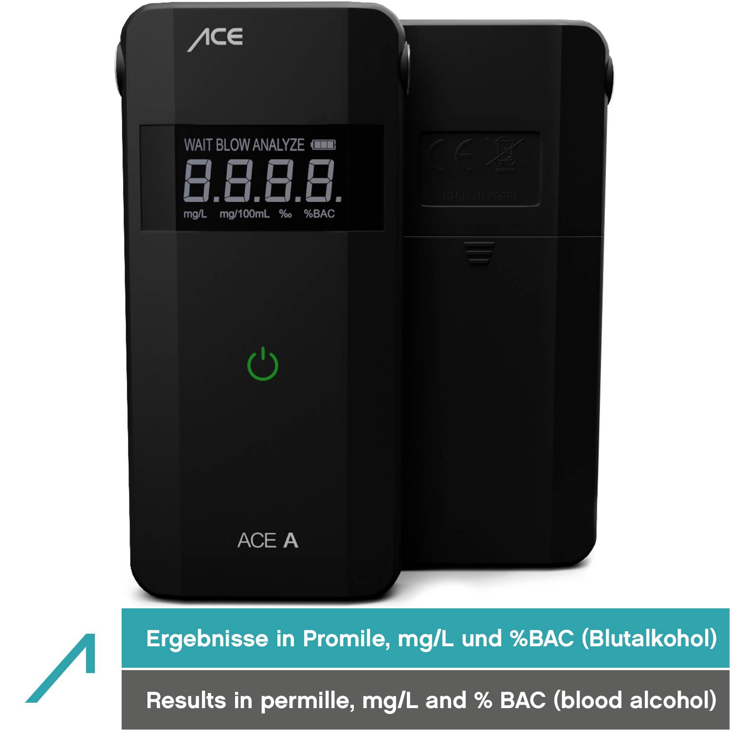 ACE A Alkoholtester Schwarz 0 bis 4 ‰ Verschiedene Einheiten anzeigbar, Alarm, inkl. Display, Countdown-Funktion