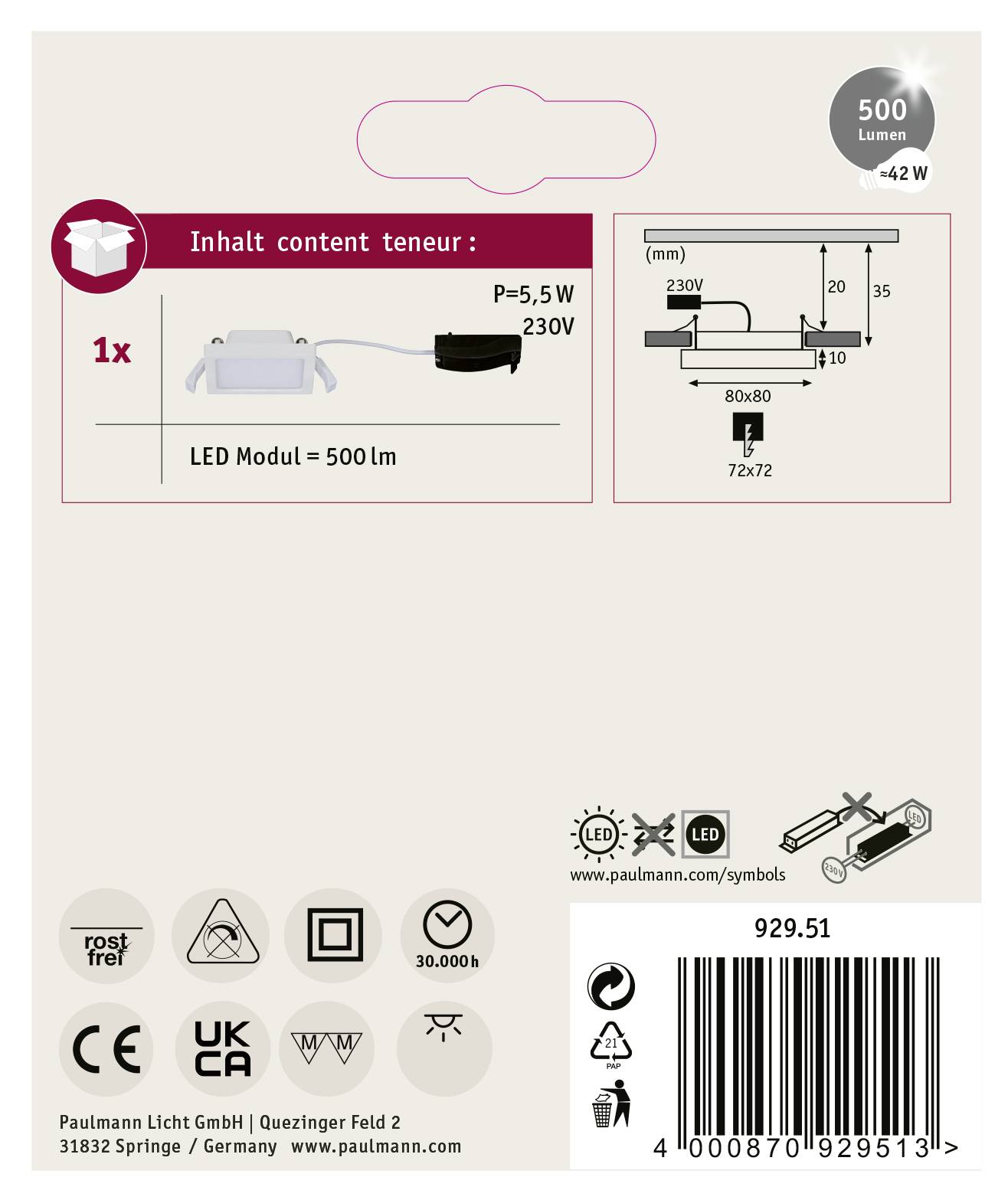 Paulmann 92951 Areo LED-Einbaupanel LED LED fest eingebaut 5 W Weiß (matt)