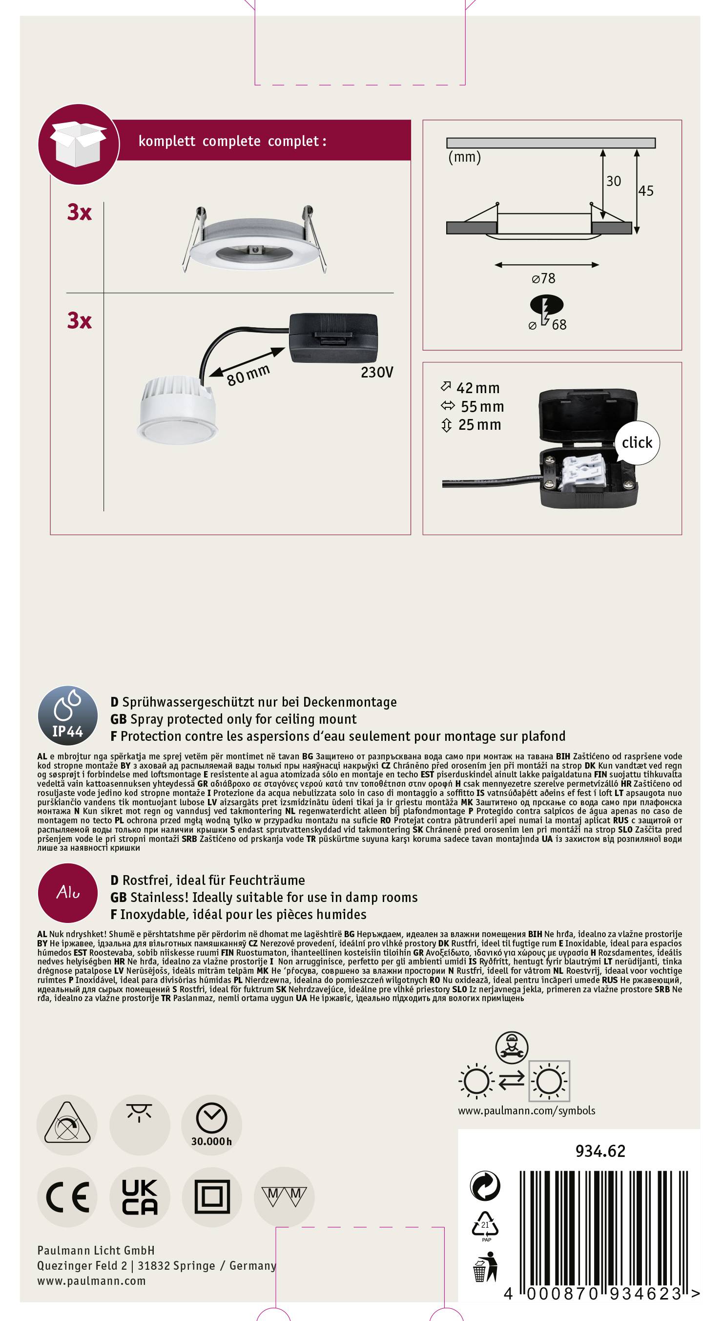 Paulmann Nova Bad-Einbauleuchte 3er Set LED LED 18W IP44 Aluminium (gedreht)