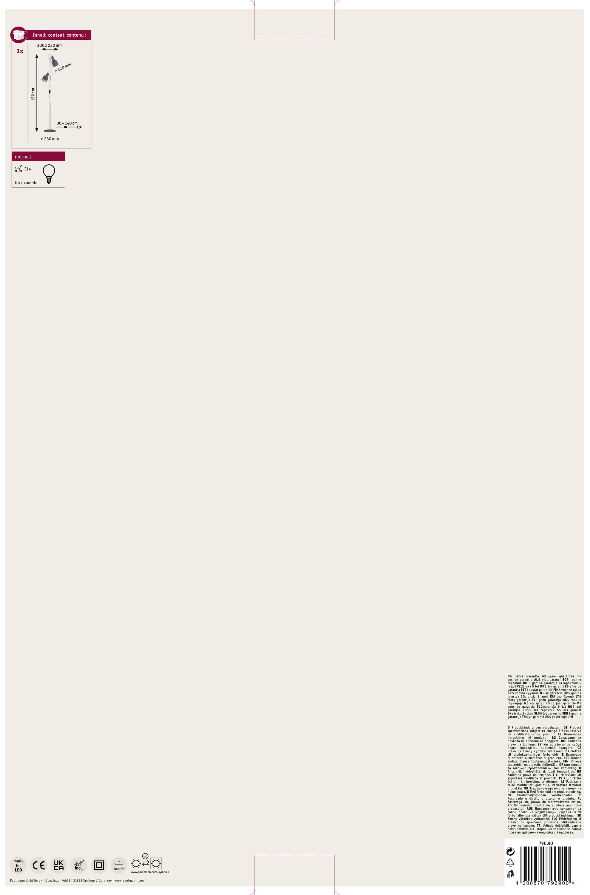 Ein verpacktes Produkt für eine Tischleuchte wird gezeigt. Oben links ist eine Abbildung der Lampe mit Spezifikationen. Oben steht 'IKEA960W'. Unten rechts sind technische Informationen und Barcode.