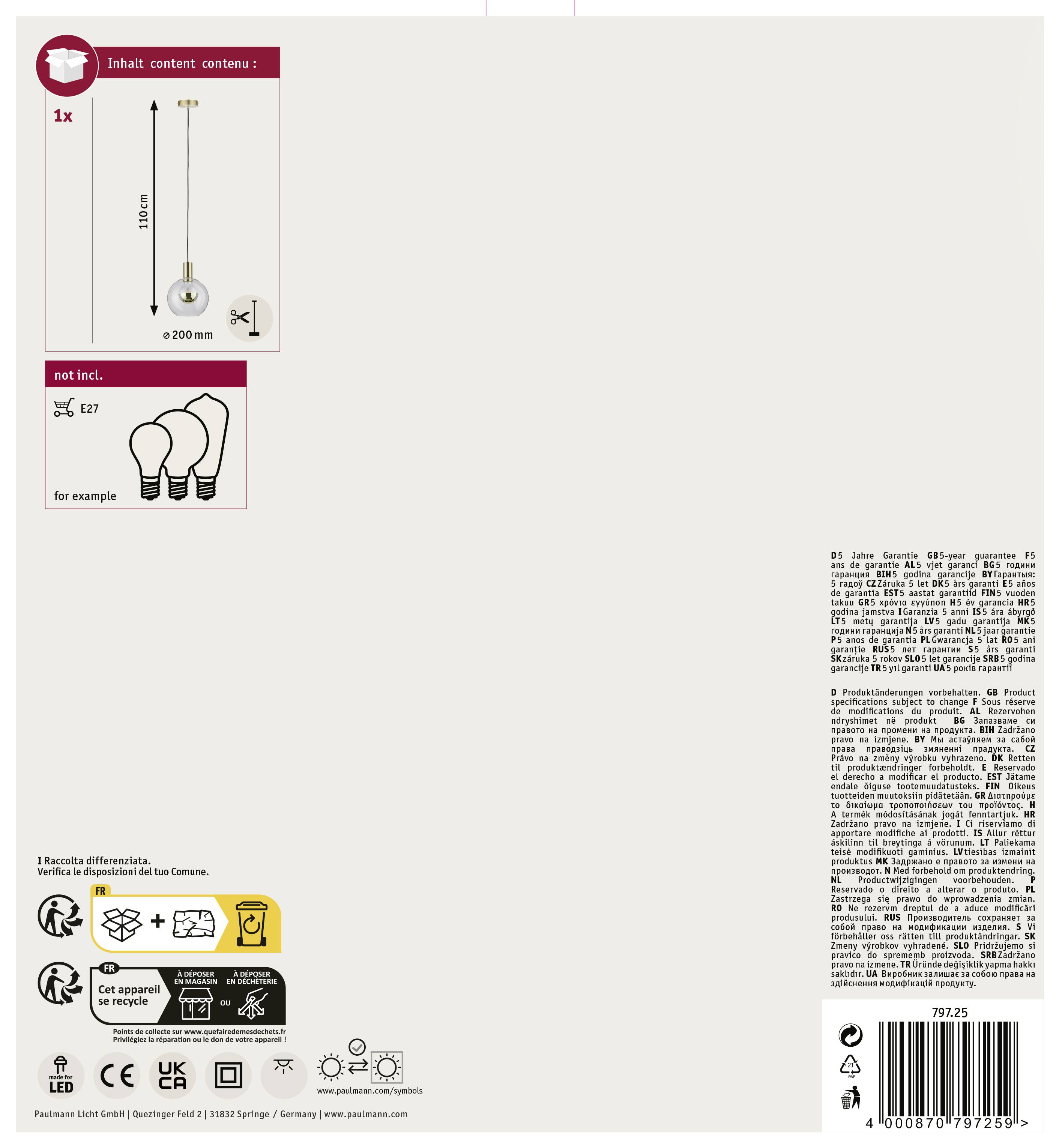Paulmann Esben 79725 Pendelleuchte LED E27 20W Transparent, Messing (gebürstet)