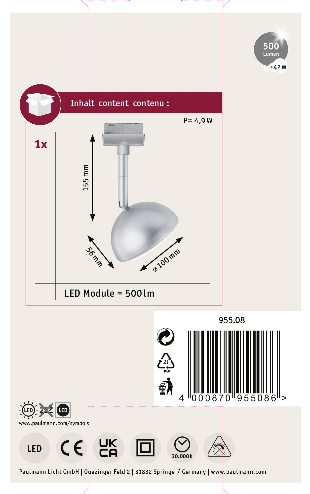 Paulmann Hemi Hochvolt-Schienensystem-Leuchte URail LED fest eingebaut 5W LED Chrom (matt)