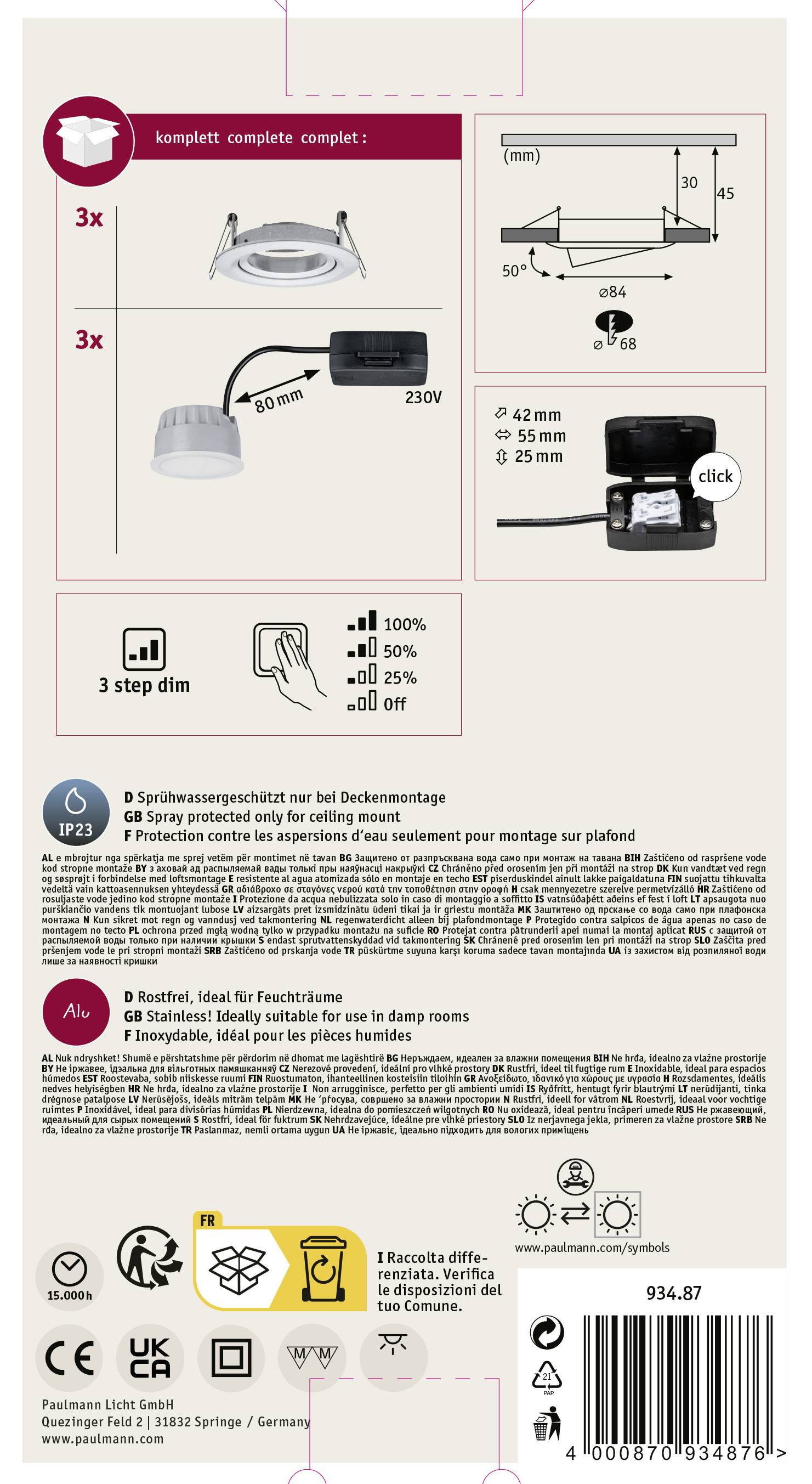 Paulmann 93487 Nova Einbauleuchte 3er Set LED LED 18W Aluminium (gedreht)