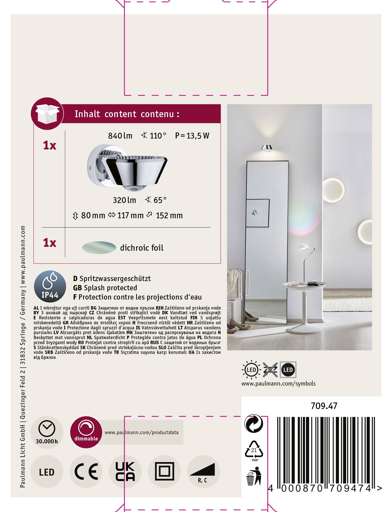 Paulmann Sabik 70947 LED-Bad-Wandleuchte 9W Warmweiß Chrom (glänzend)