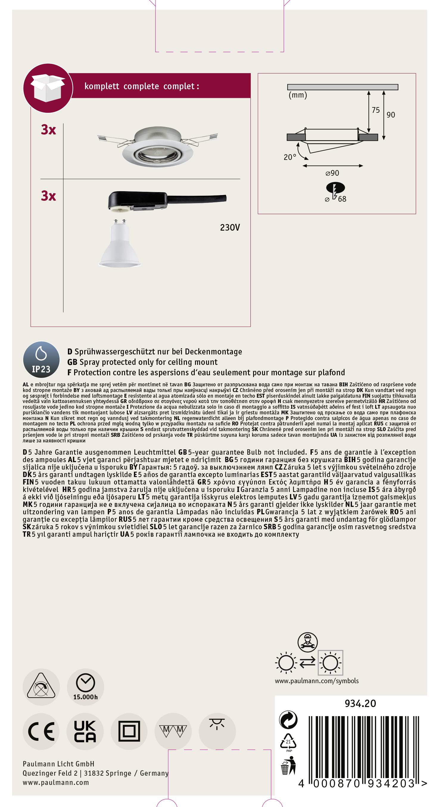 Paulmann 93420 Base Einbauleuchte 3er Set LED GU10 15W Edelstahl (gebürstet)
