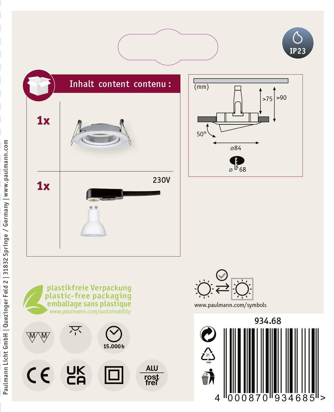 Paulmann 93468 Nova Einbauleuchte LED GU10 6.5W Aluminium (gedreht)