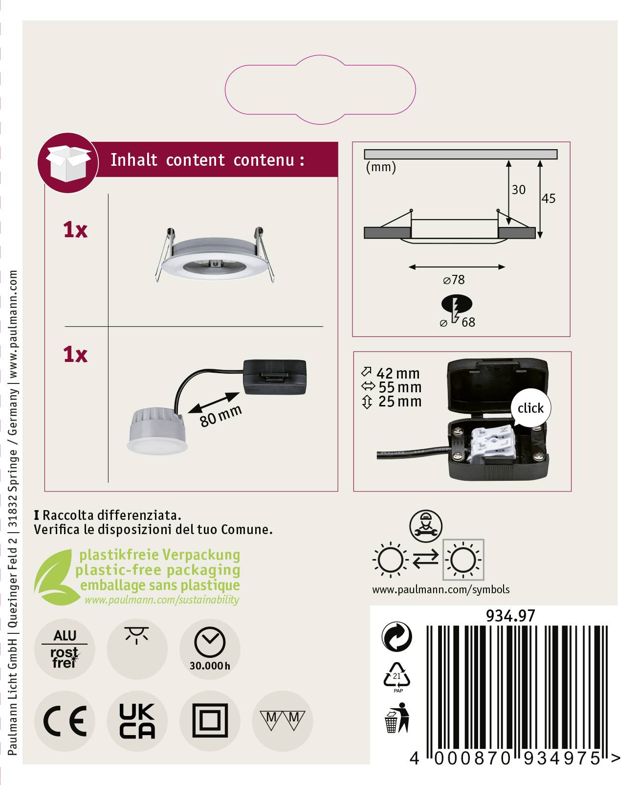 Paulmann Nova Bad-Einbauleuchte LED EEK: G (A - G) LED 6 W IP44 Aluminium (gedreht)