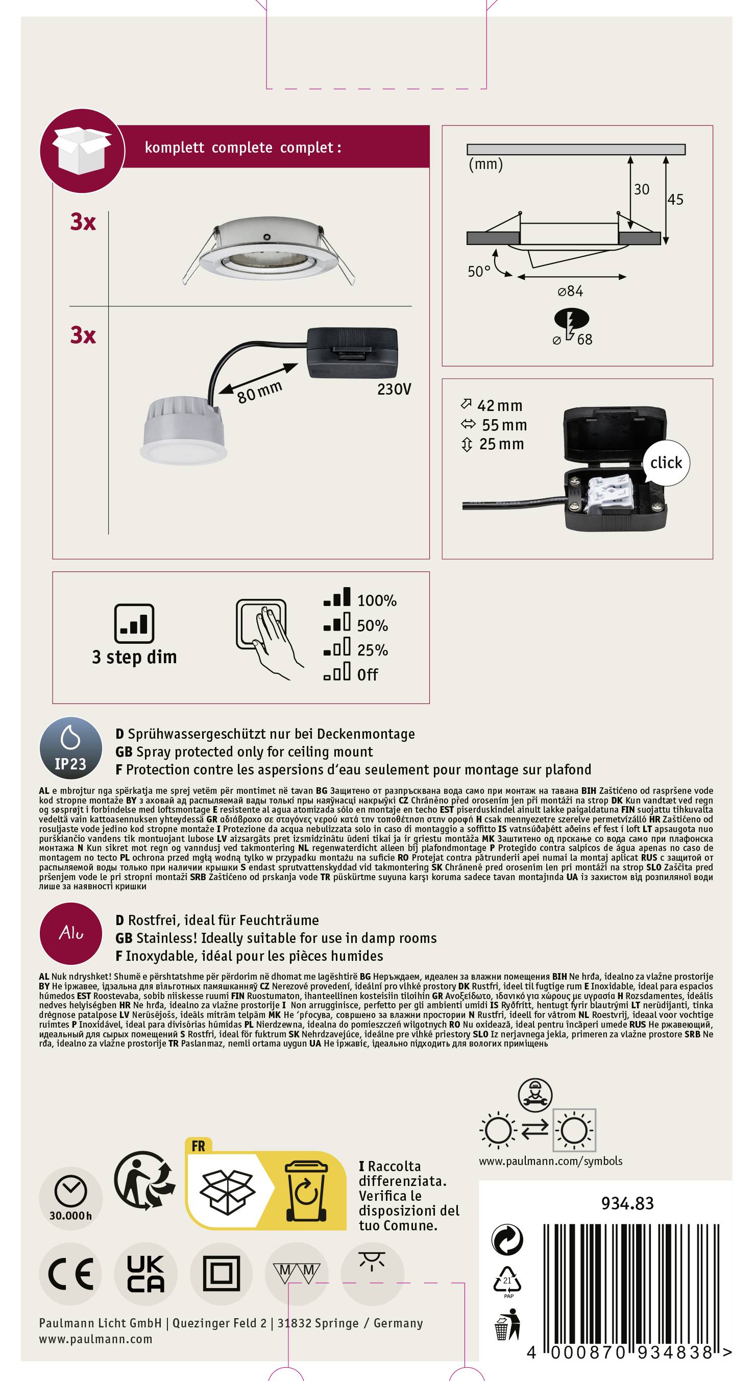 Verpackungsetikett mit Produktabbildung. Zeigt ein Deckenbeleuchtungsset mit Einbauanleitung und technischen Details wie Maße und Stromanschluss. Enthält Symbole für Installation und Sicherheitsstandards.