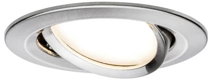 Silberne, schwenkbare Einbauleuchte mit rundem Design und integriertem LED-Licht, montiert in einer Deckenöffnung.