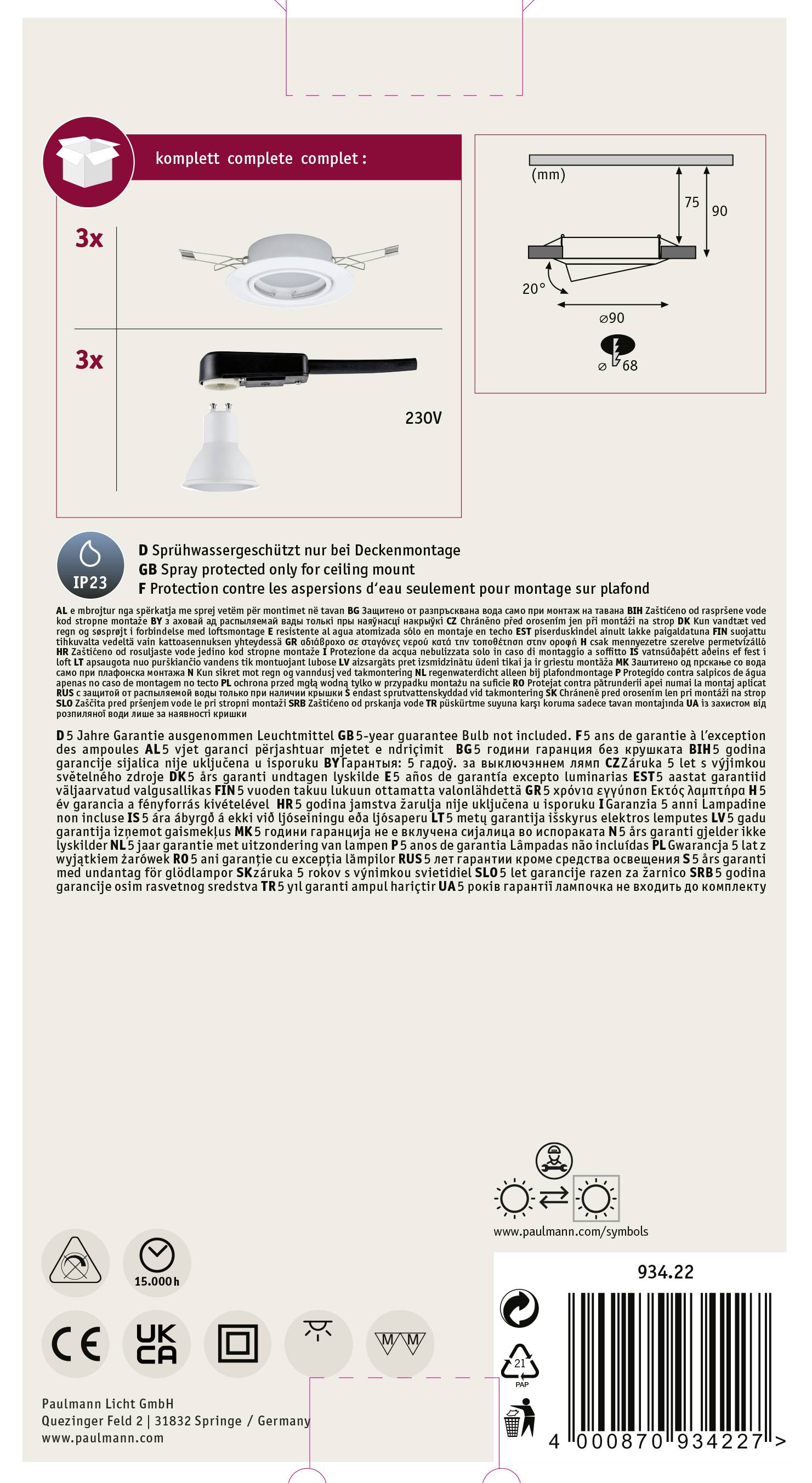 Paulmann 93422 Base Einbauleuchte 3er Set LED GU10 15W Weiß