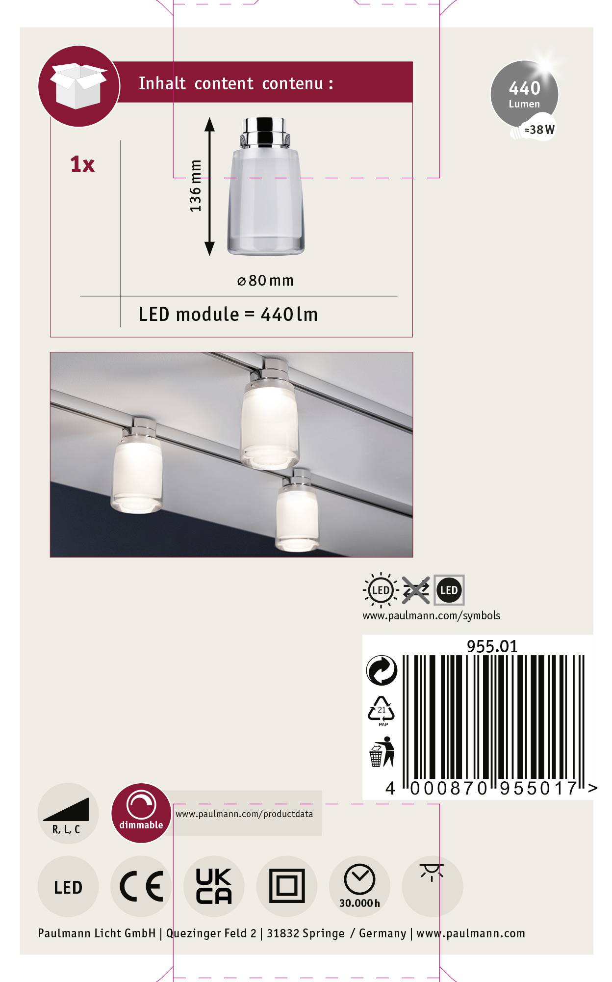 Paulmann Safira Hochvolt-Schienensystem-Leuchte URail LED fest eingebaut 5.2W LED Chrom, Klar, Satin