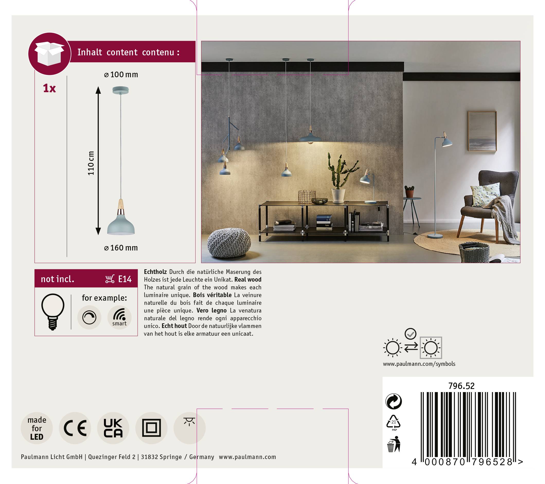 Paulmann Neordic Juna 79652 Pendelleuchte LED E14 20W Softgrün, Kupfer, Holz