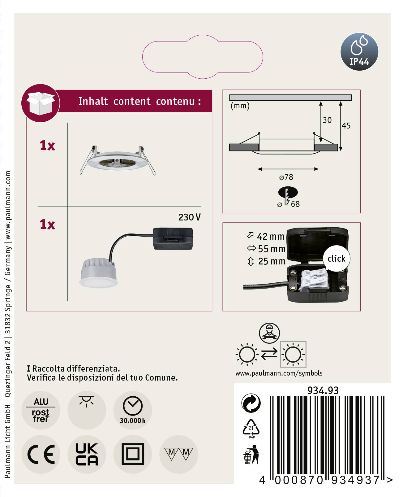 Paulmann Nova Bad-Einbauleuchte LED LED 6W IP44 Eisen (gebürstet)