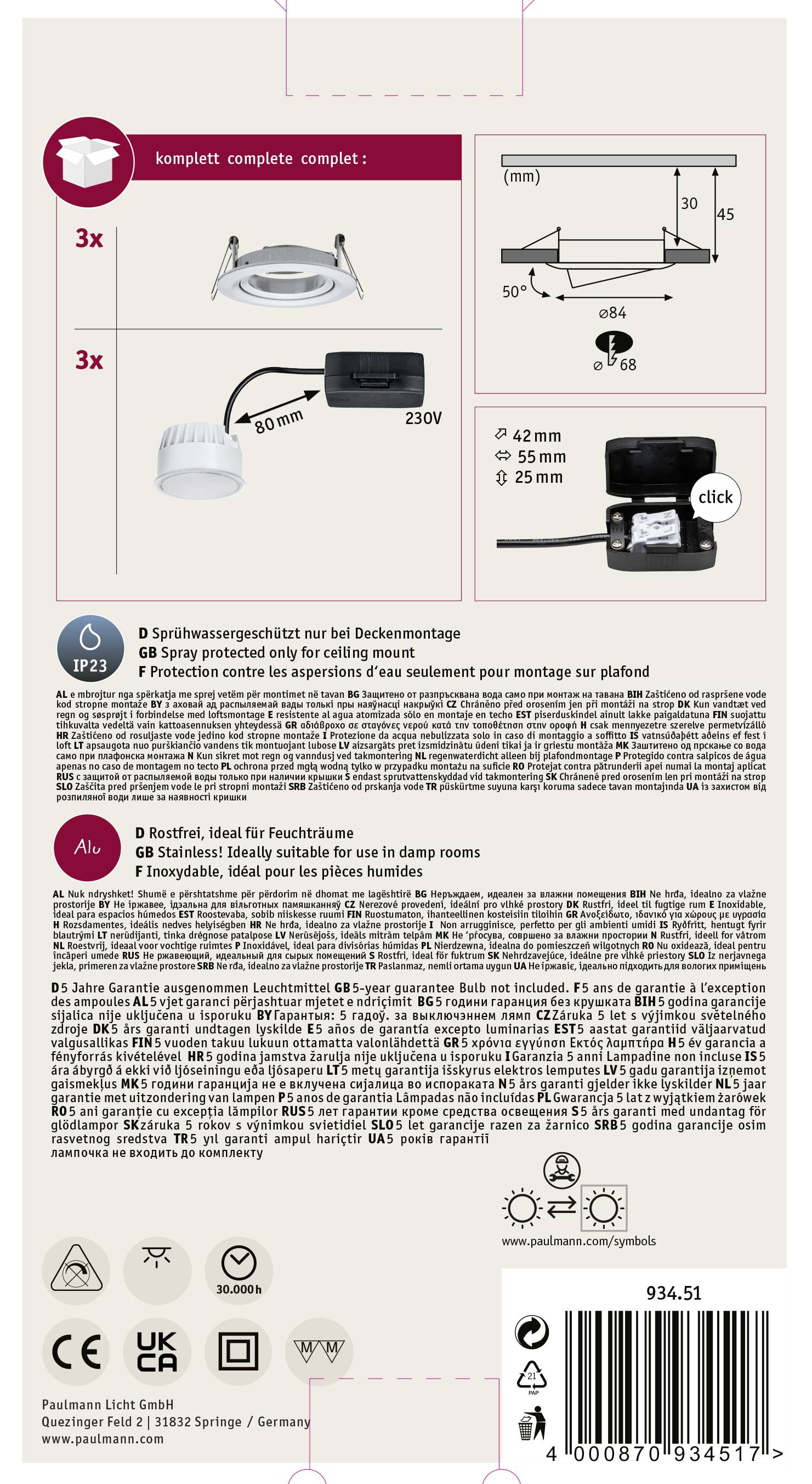 Paulmann 93451 Nova Einbauleuchte 3er Set LED LED 18W Aluminium (gedreht)