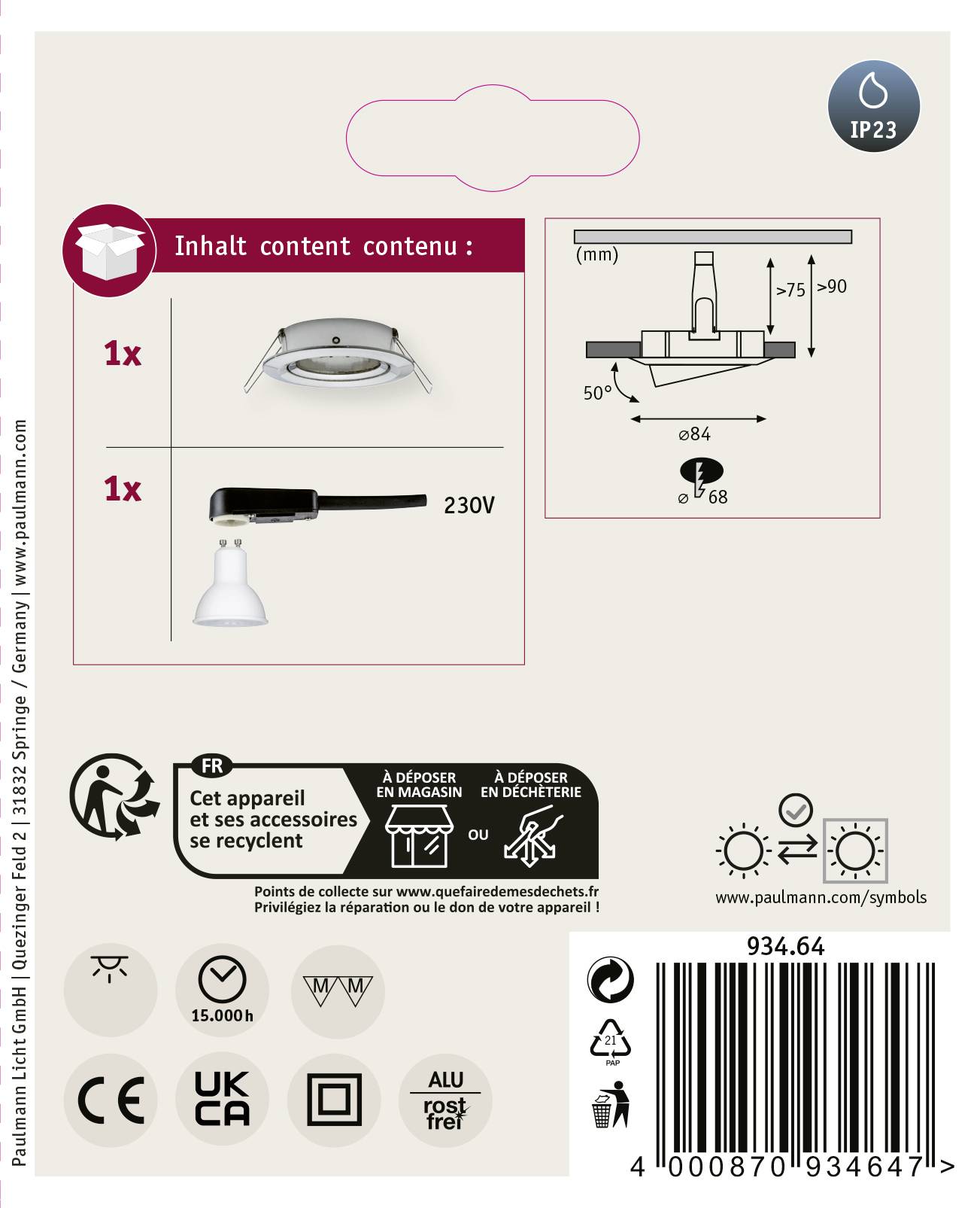 Paulmann 93464 Nova Einbauleuchte LED GU10 6.5W Eisen (gebürstet)