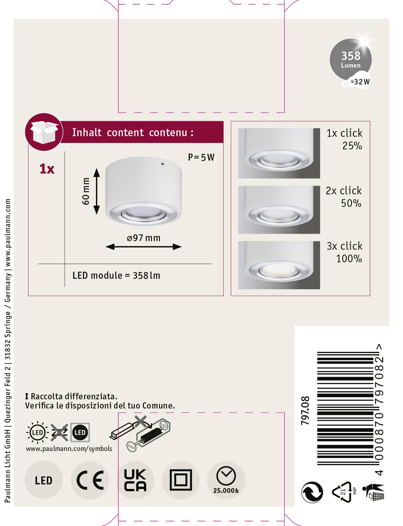 Paulmann 79708 Argun LED-Deckenleuchte 4.8W Aluminium (gebürstet), Weiß (matt)
