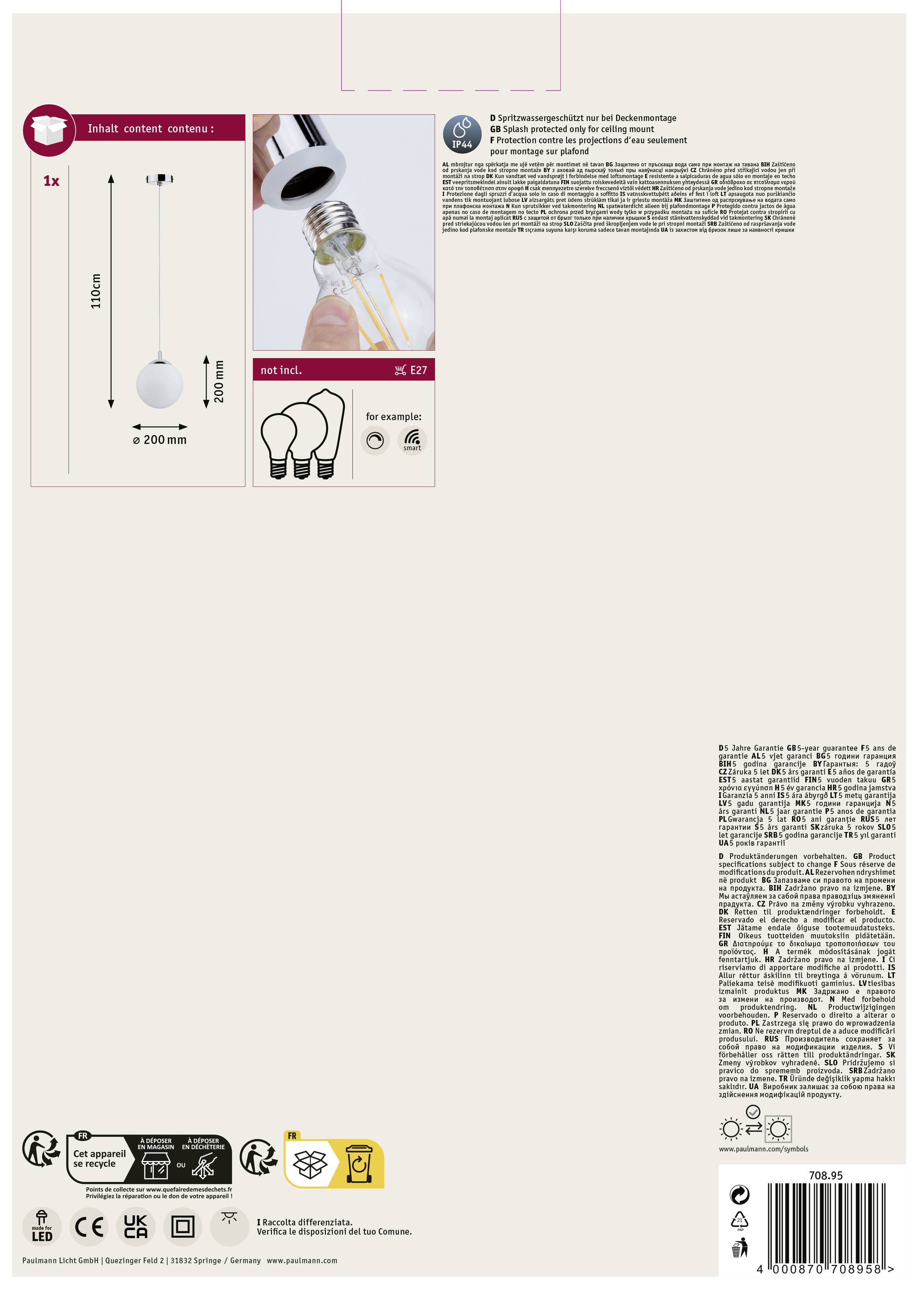 Paulmann Globe 70895 Pendelleuchte LED E27 20W Chrom, Satin