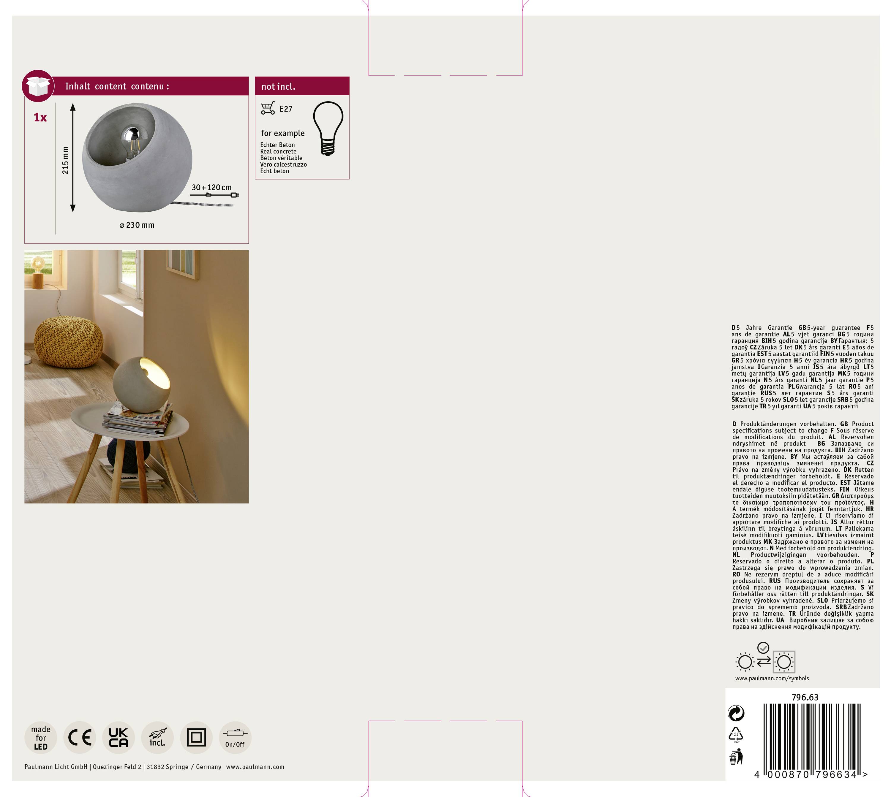 Paulmann Neordic Ingram 79663 Tischlampe LED E27 20W Beton-Grau