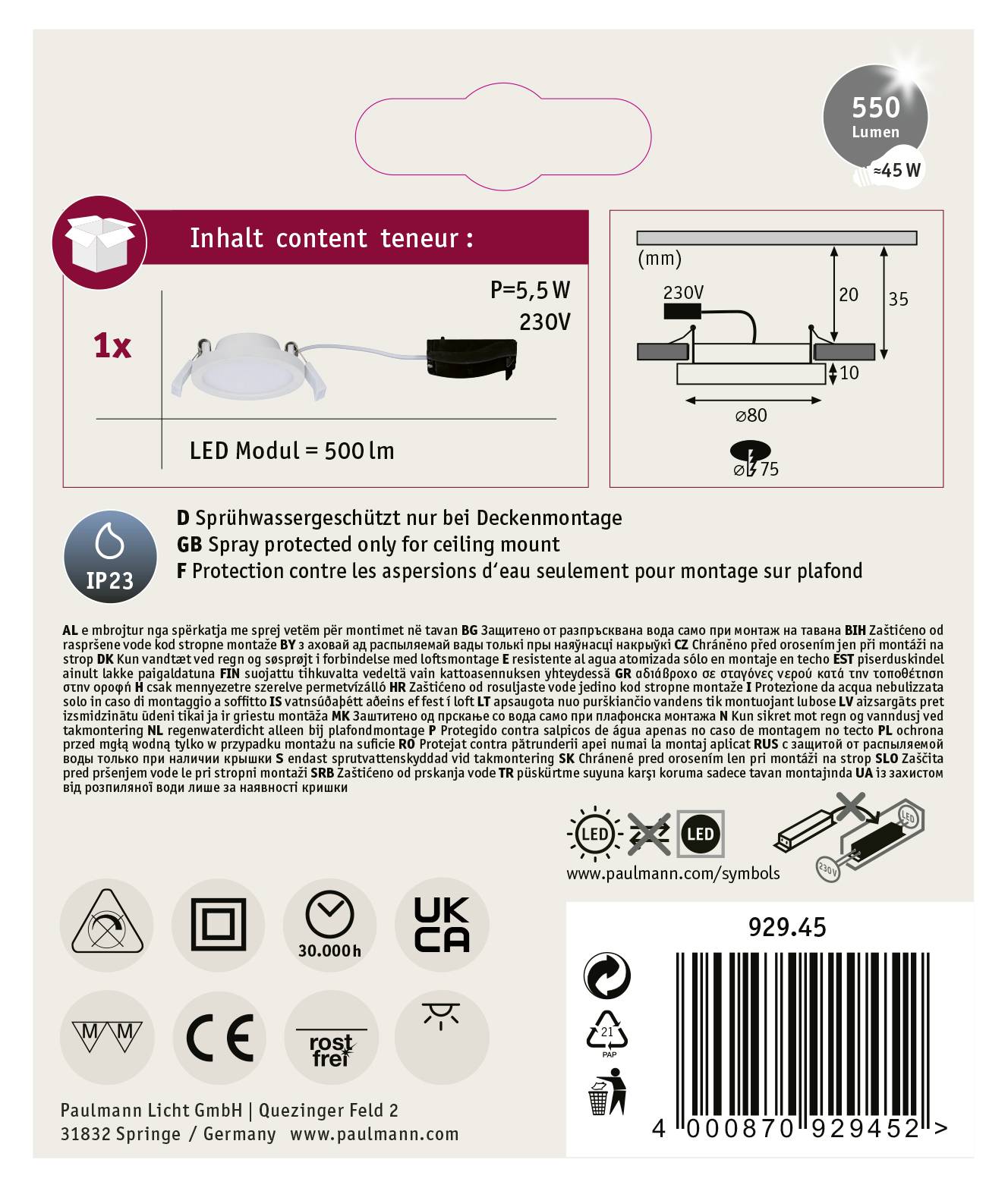 Paulmann 92945 Areo LED-Einbaupanel LED LED fest eingebaut 5W Weiß (matt)