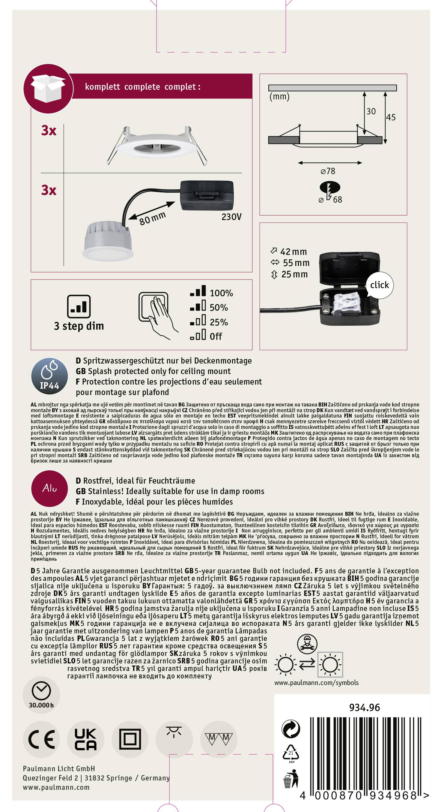 Paulmann Nova Bad-Einbauleuchte 3er Set LED LED 18W IP44 Weiß (matt)