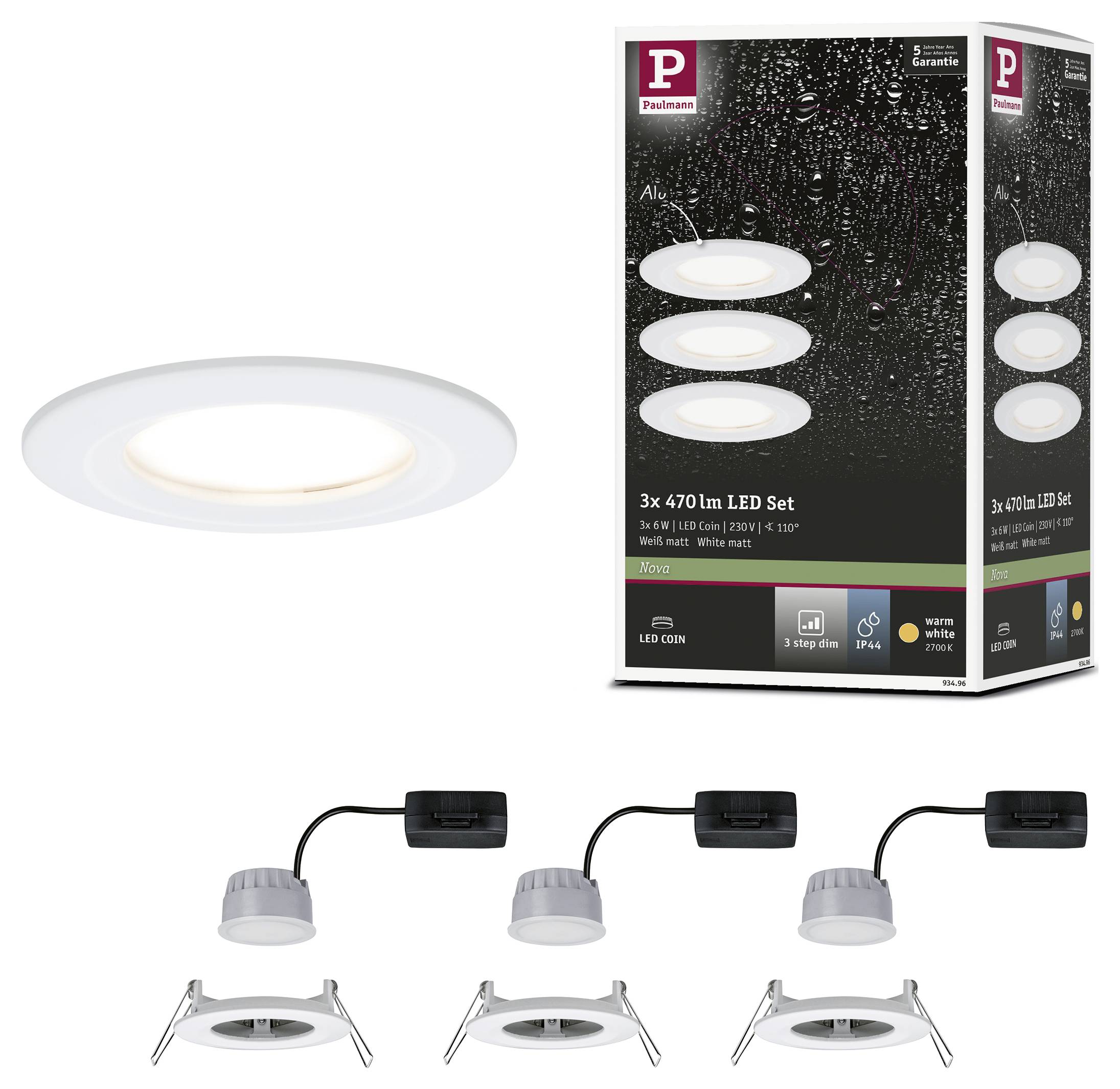 Paulmann Nova Bad-Einbauleuchte 3er Set LED LED 18W IP44 Weiß (matt)
