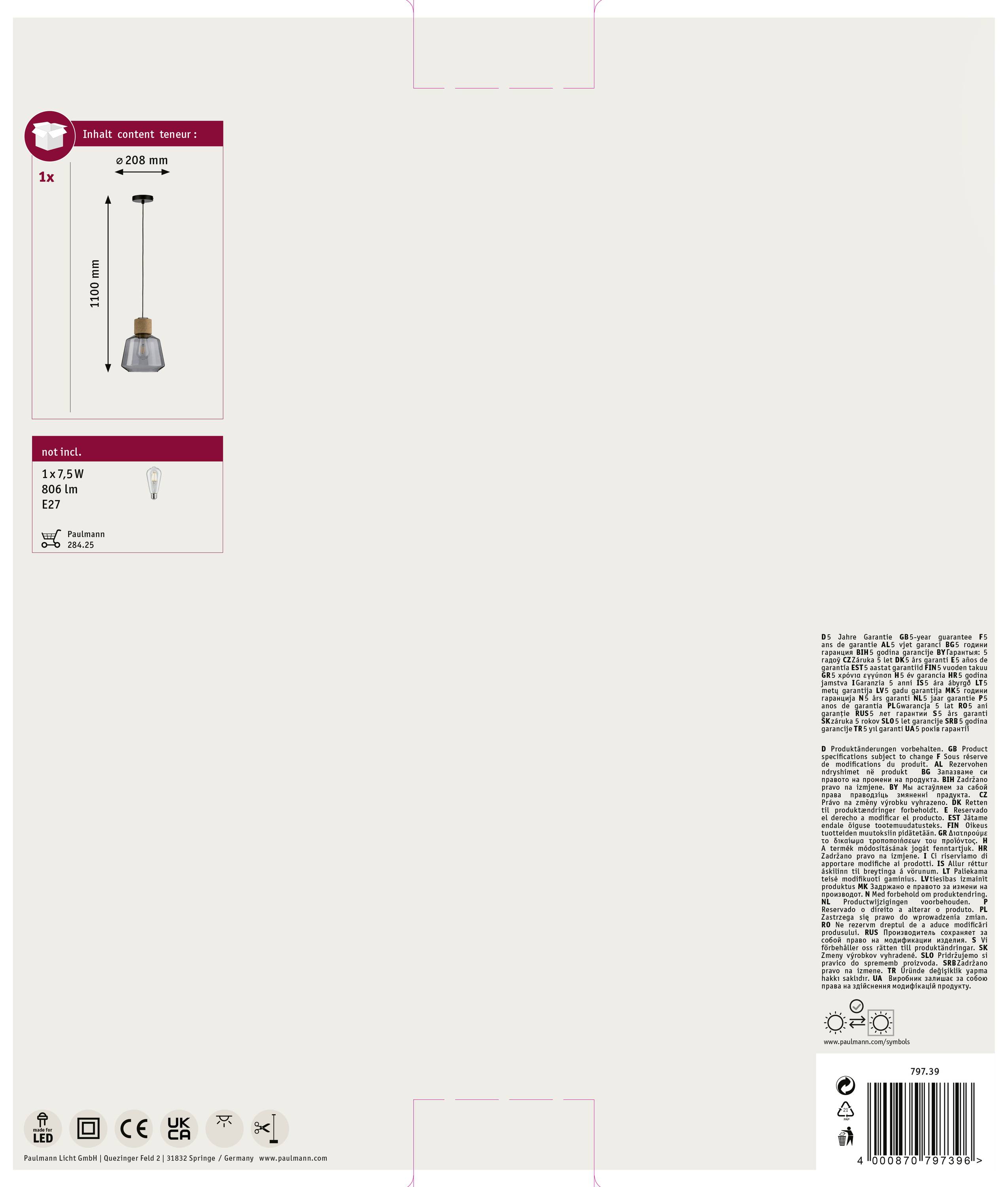 Paulmann Elia 79739 Pendelleuchte LED E27 20W Kork, Rauch, Schwarz