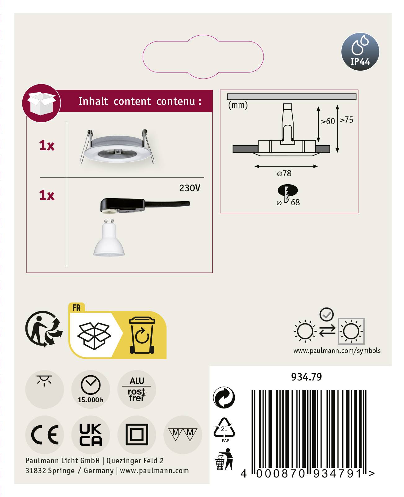 Paulmann Nova Bad-Einbauleuchte LED GU10 6.5W IP44 Aluminium (gedreht)