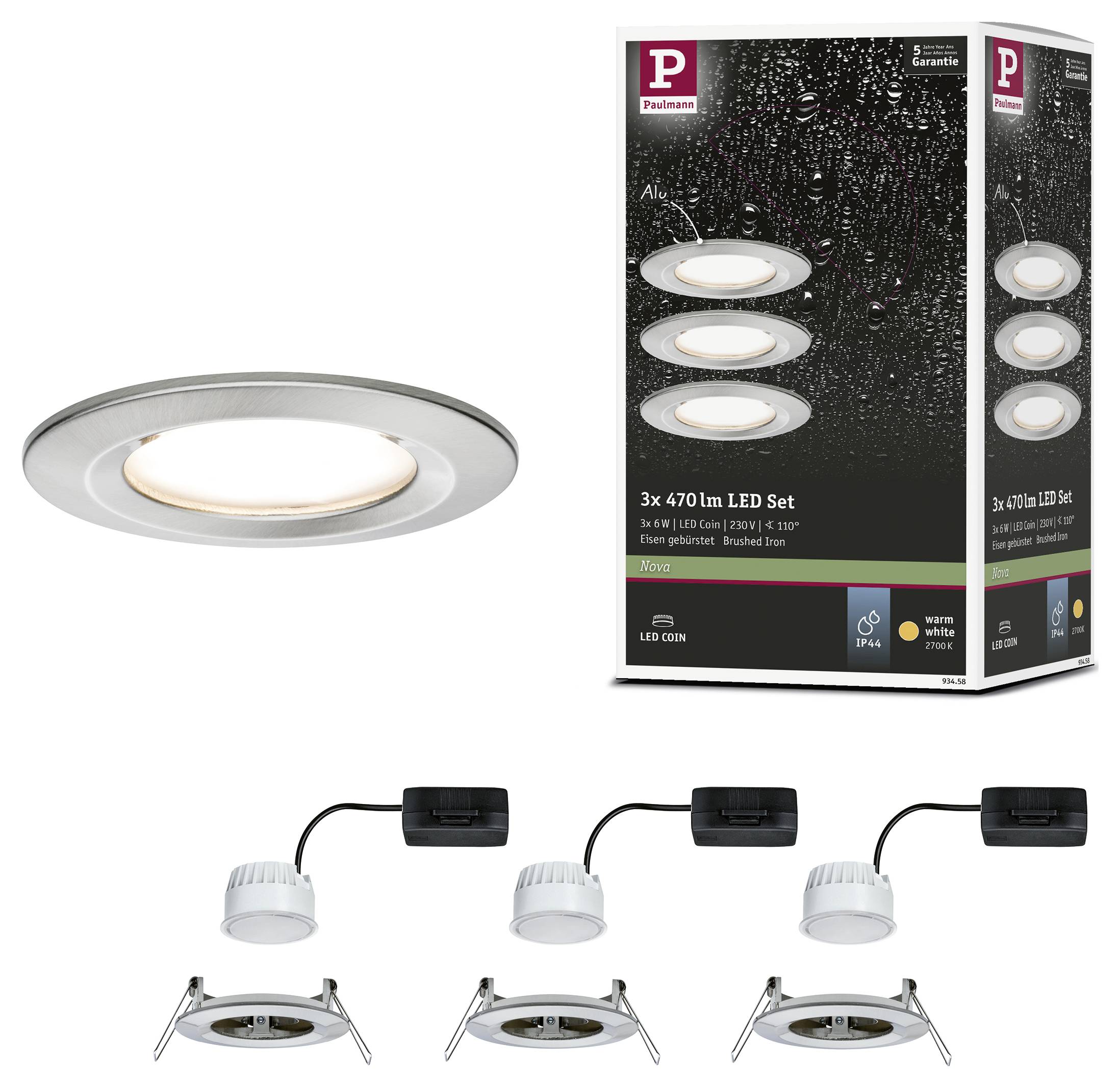 Paulmann Nova Bad-Einbauleuchte 3er Set LED LED 18W IP44 Eisen (gebürstet)