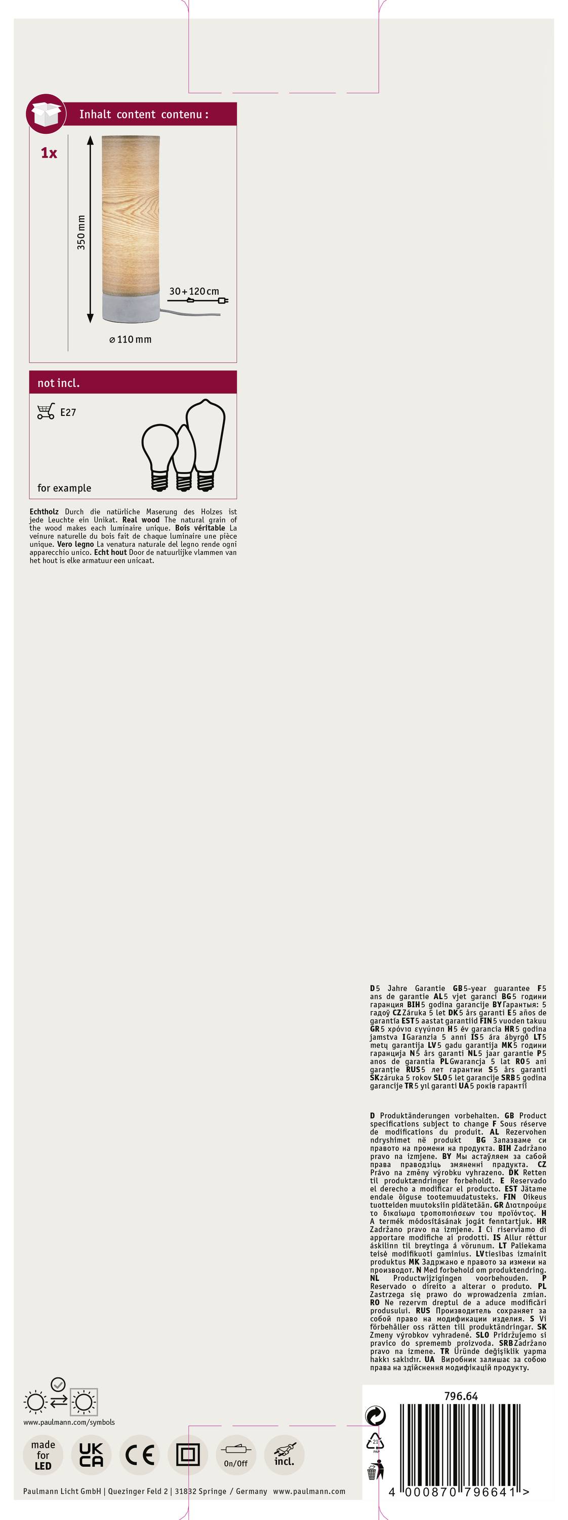 Paulmann Neordic Skadi 79664 Tischlampe LED E14 20 W Holz, Beton-Grau