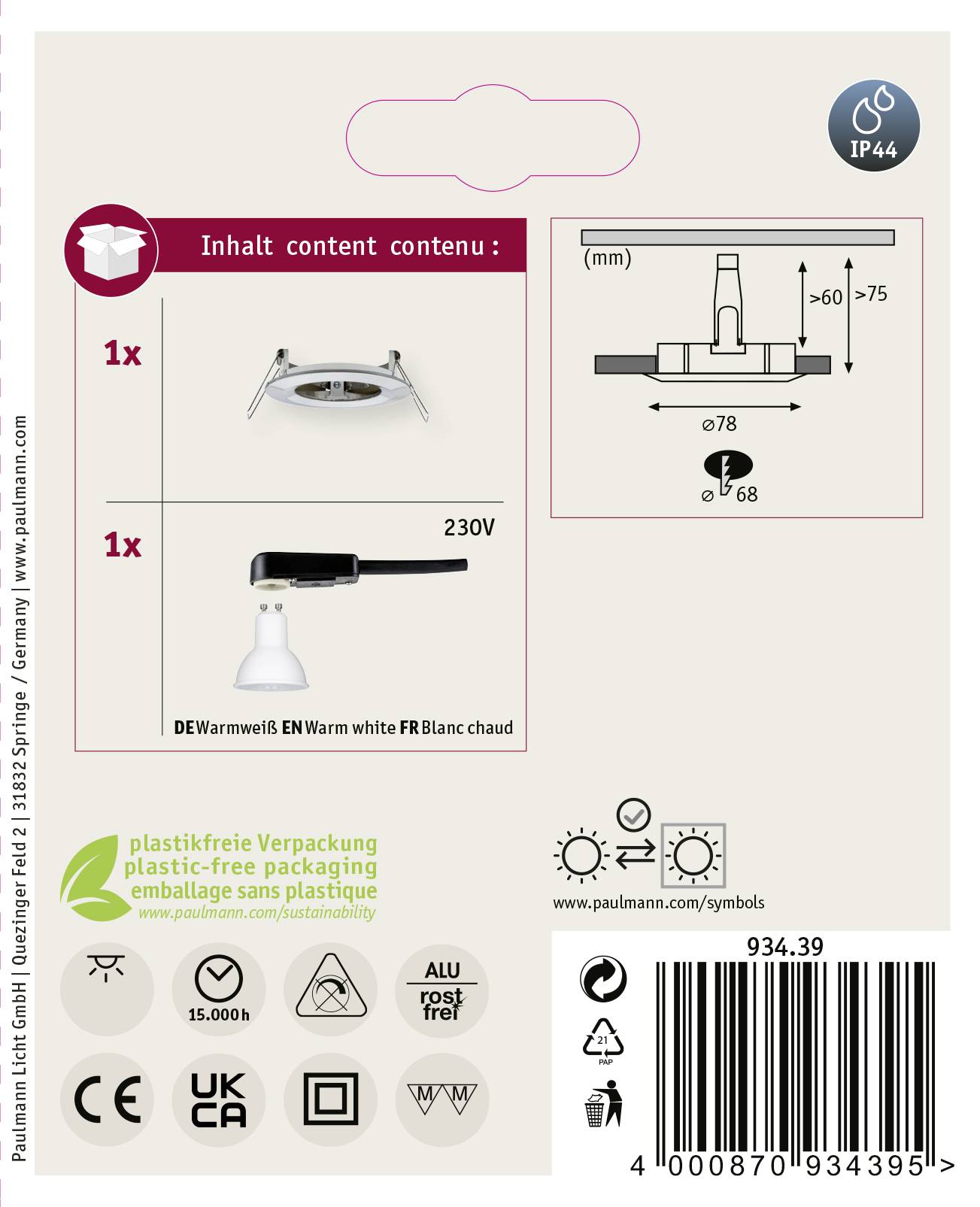 Paulmann Nova Bad-Einbauleuchte LED GU10 6.5W IP44 Edelstahl
