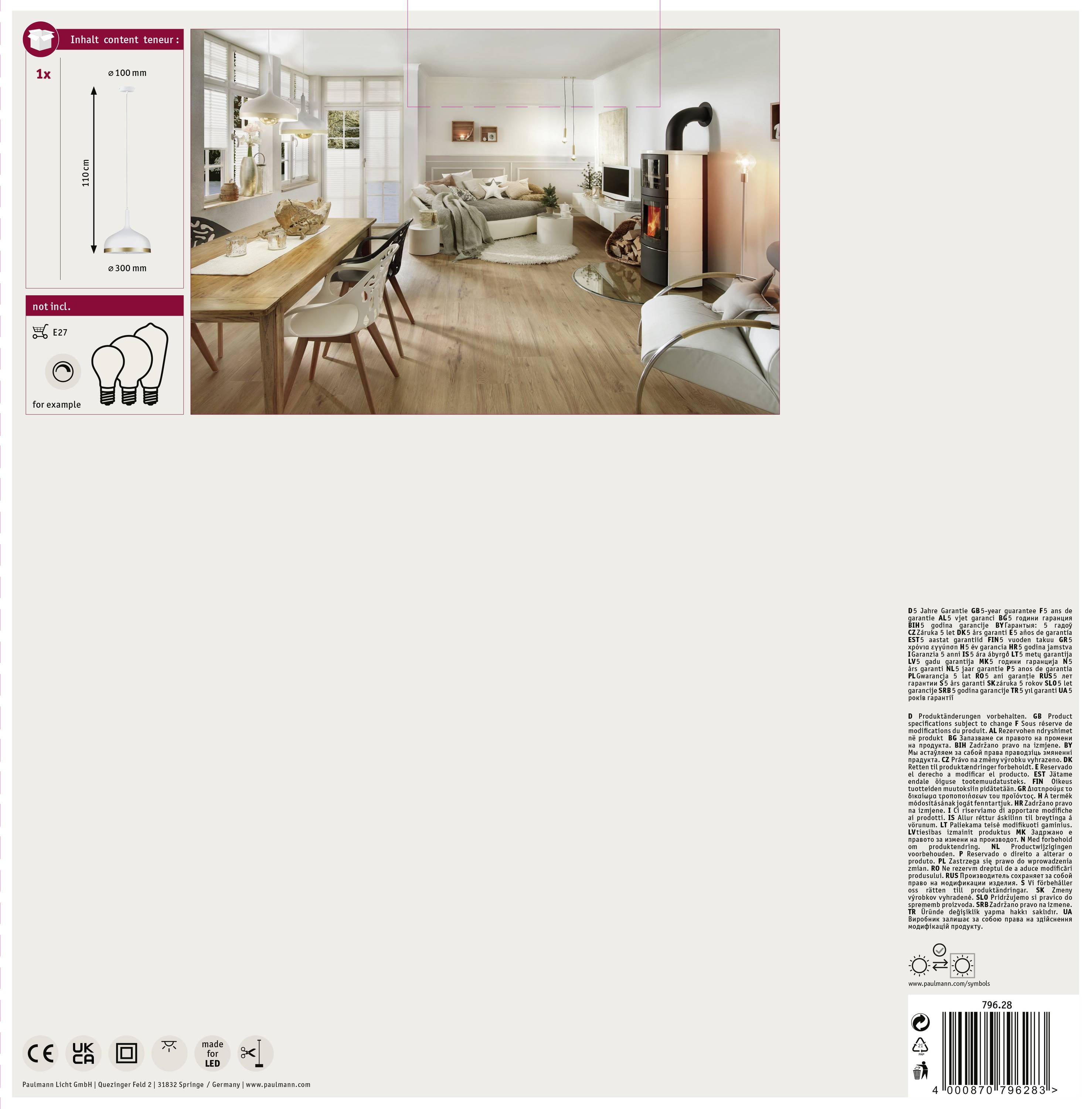 Paulmann Neordic Embla 79628 Pendelleuchte LED E27 20W Weiß (matt), Gold