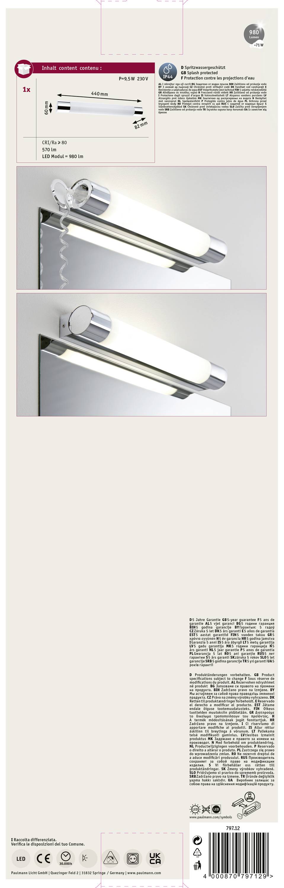 Paulmann 797.12 79712 LED-Spiegelleuchte 7.5W Warmweiß Chrom, Weiß