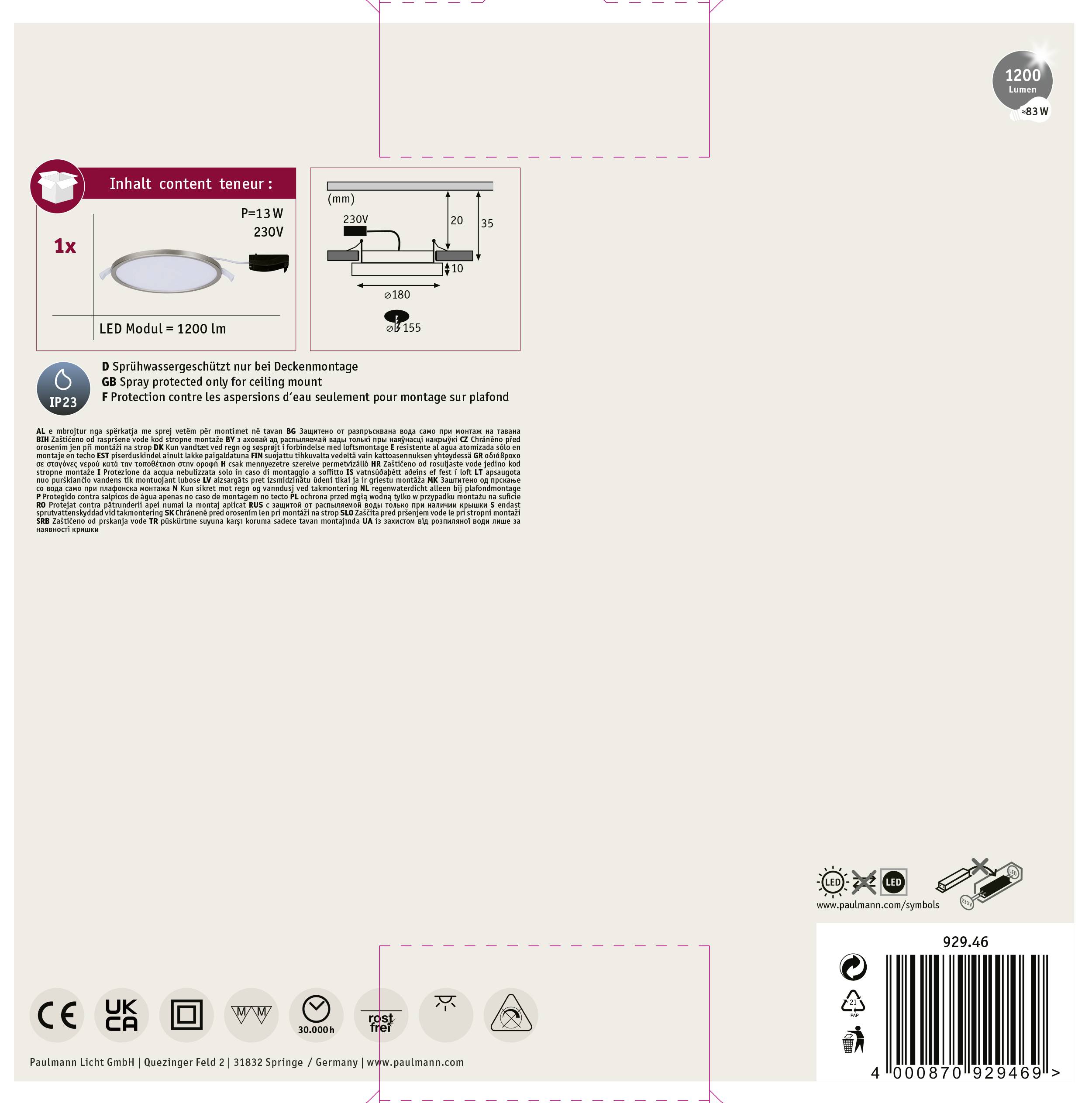 Paulmann 92946 Areo LED-Einbaupanel LED LED fest eingebaut 12 W Nickel (matt)