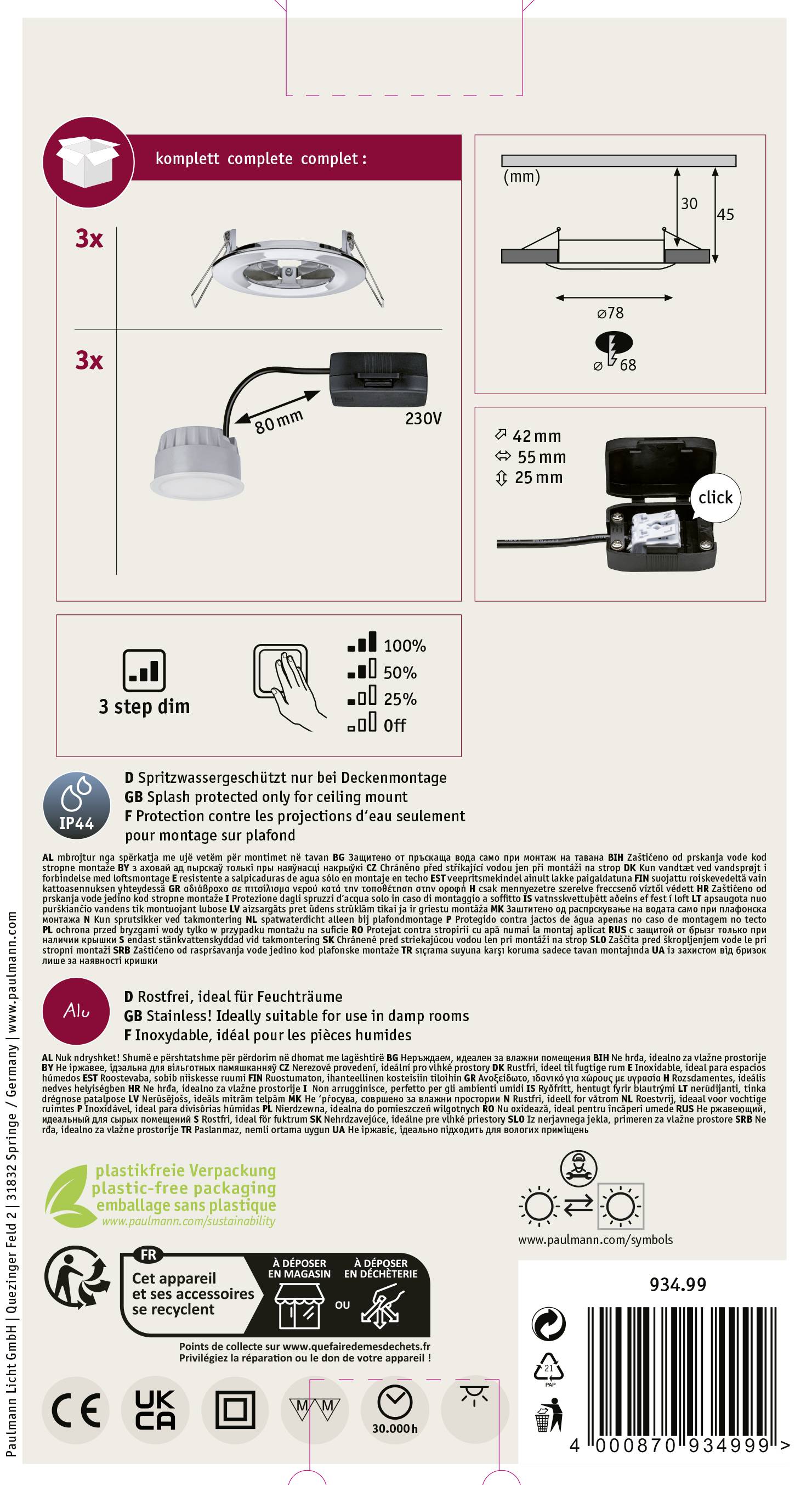 Paulmann Nova Bad-Einbauleuchte 3er Set LED LED 18W IP44 Chrom (glänzend)