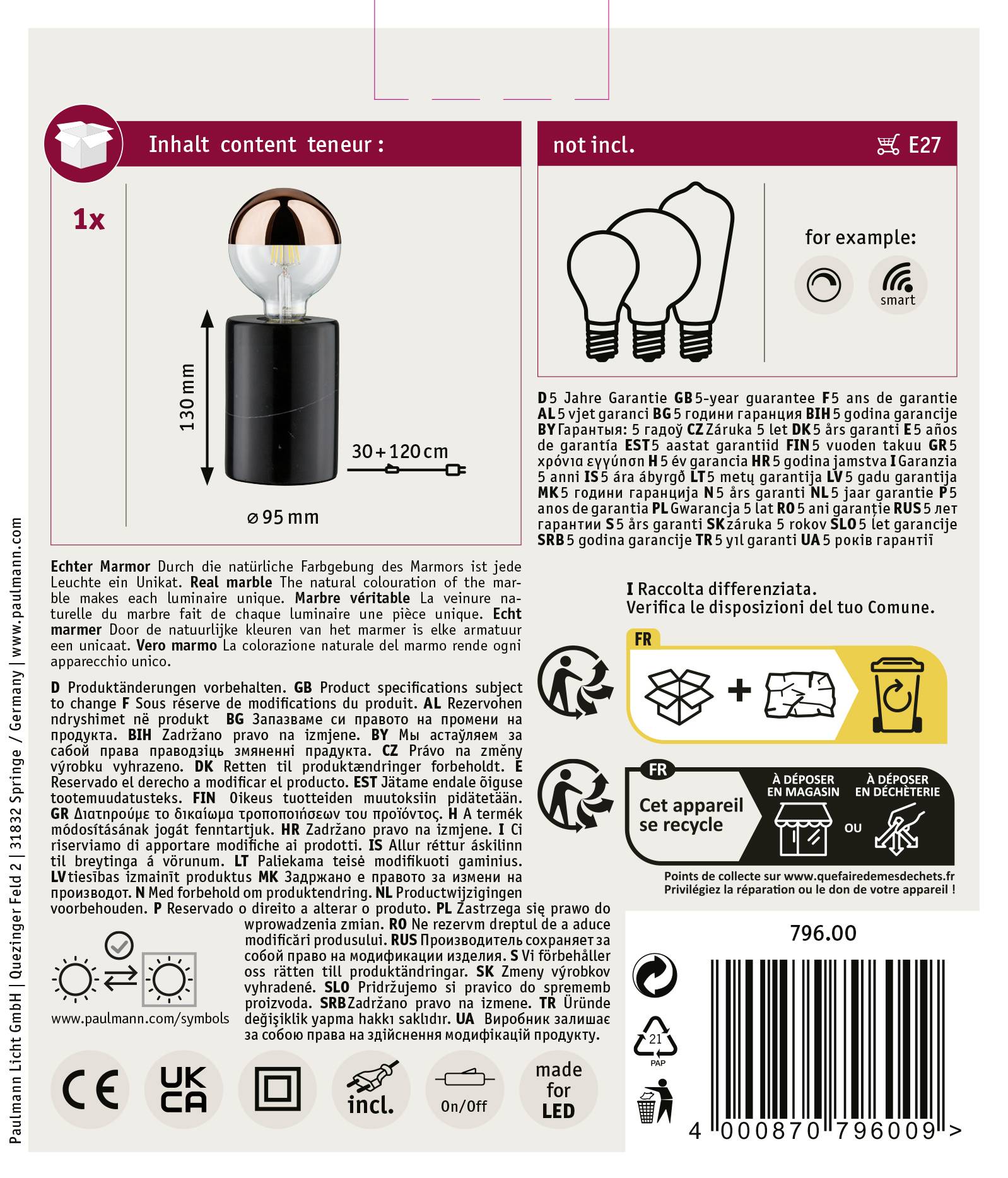 Paulmann Neordic Nordin 79600 Tischlampe LED E27 20W Schwarz, Kupfer